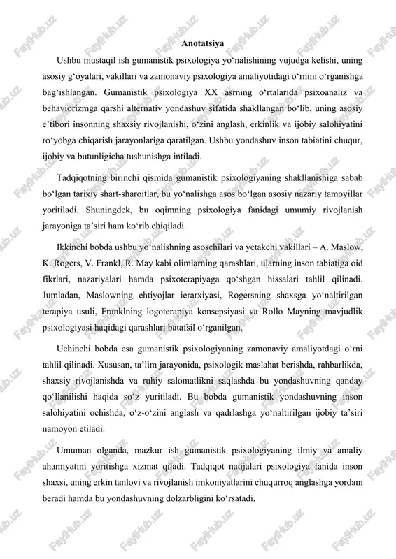 ijobiy ta’siri namoyon etiladi. umuman olganda, mazkur ish gumanistik psixologiyaning ilmiy va amaliy ahamiyatini yoritishga xizmat qiladi. tadqiqot natijalari psixologiya fanida inson shaxsi, uning erkin tanlovi va rivojlanish imkoniyatlarini chuqurroq anglashga yordam beradi hamda bu yondashuvning dolzarbligini ko‘rsatadi. 1. gumanistik psixologiya nazariyasining shakllanishi va asosiy tamoyillari. gumanistik psixologiya xx asrning 50-yillarida aqshda shakllangan bo‘lib, inson ruhiy hayotining eng yuksak va ijobiy jihatlarini o‘rganishga intilgan psixologik yo‘nalishdir. bu yo‘nalish psixoanaliz va biheviorizmning inson tabiatiga nisbatan cheklangan va pessimistona yondashuviga qarshi ravishda vujudga kelgan. gumanistik psixologlar insonni faqat muammolari, reflekslari yoki ongsiz ehtiyojlari orqali emas, balki o‘zini anglaydigan, rivojlanuvchi, ijobiy salohiyatga ega mavjudot sifatida o‘rganishni maqsad qilganlar. gumanistik psixologiyaning asosiy maqsadi inson shaxsining mohiyati, o‘sish imkoniyatlari va o‘zini ro‘yobga chiqarish jarayonlarini tushuntirishdan iboratdir. bu yo‘nalish doirasida insonni passiv mavjudot emas, balki faol, ijodkor, mas’uliyatli va o‘z taqdirini o‘zi belgilashga qodir shaxs sifatida ko‘rish g‘oyasi ilgari surilgan. shuning uchun bu yo‘nalishga ko‘pincha “uchinchi …