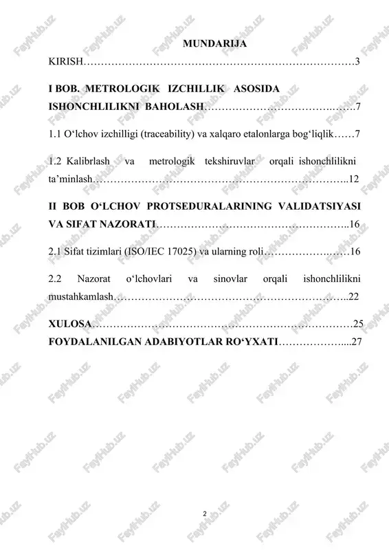 sh ishlari atroflicha ko‘rib chiqiladi. shuningdek, xalqaro standartlar va hujjatlar asosida bu sohada qo‘llaniladigan ilg‘or yondashuvlar yoritiladi. kurs ishining maqsadi: ushbu kurs ishining maqsadi — birlamchi o‘lchov protseduralarining mohiyatini, ularning metrologik tizimdagi o‘rnini o‘rganish, shuningdek, ushbu protseduralarni tekshirishda qo‘llaniladigan ishonchlilik usullarini tahlil qilishdan iborat. ish davomida o‘lchovlarning qayta tiklanuvchanligi, metrologik izchilligi, statistik tahlil va noaniqlikni baholash kabi yondashuvlar asosida protseduralarning sifatini aniqlash yo‘llari ko‘rib chiqiladi. shuningdek, xalqaro standartlar asosida ishonchlilikni ta'minlash bo‘yicha tavsiyalar ishlab chiqiladi. kurs ishining vazifalari quyidagilardan iborat: birlamchi o‘lchov protseduralarining nazariy asoslarini o‘rganish; 1. o‘lchov protseduralarining ishonchlilik mezonlarini aniqlash; 2. o‘lchov natijalarining qayta tiklanuvchanligi va ko‘paytirilganligi (repeatability va reproducibility)ni baholash usullarini ko‘rib chiqish; 3. o‘lchov noaniqligini aniqlash va tahlil qilish usullarini o‘rganish; 4. metrologik izchillik (traceability)ning ahamiyati va uni ta'minlash yo‘llarini tahlil qilish; 5. xalqaro standartlar (iso/iec 17025, gum va boshqalar) asosida ishonchlilikni tekshirish yondashuvlarini o‘rganish; 6. amaliy misollar asosida o‘lchov protseduralarining ishonchliligini baholash va xulosa chiqarish. …