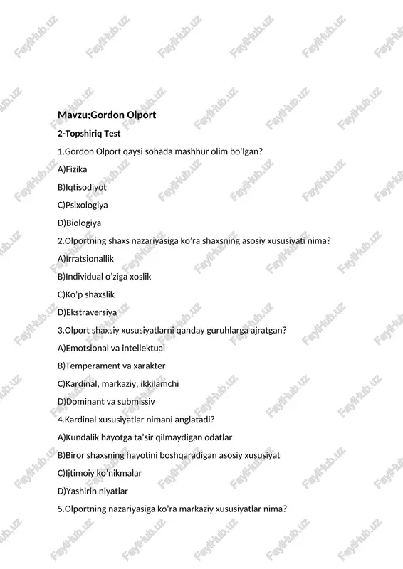 tning fikricha,shaxsiy o’sish nimaga asoslanadi? a)ichki potensial va maqsadga erishishga bo’lgan intilish b)genetik meros c)tashqi mukofatlar d)jamiyatning qadriyatlari 12.gordon olport qanday metodlardan foydalangan? a)eksperimental tadqiqotlar b)amaliy kuzatish va intervyular c)faqat laboratoriya testlari d)hayvonlar bilan tajribalar 13.olportning ‘’individual psixologiya’’si qanday yondashuvga asoslangan? a)har bir inson o’ziga xos va noyobdir b)barcha odamlar bir xil xatti- harakatga ega c)ijtimoiy xulq-atvor muhim d)genetik hal qiluvchi rol o’ynaydi 14)olport shaxsni qanday tizim deb tasvirlagan? a)statik va o’zgarmas b)dinamik va moslashuvchan c)biologik va reflektor d)passiv va ijtimoiy 15)olportning mashhur asari qaysi? a)’’inson va uning ramzlari’’ b)’’shaxs;psixologik talqin’’ c)’’erkinlik va qadr-qimmatdan tashqarida’’ d)’’men va u (o’zlik va u)’’ test javoblari 1)c 2)b 3)c 4)b 5)c 6)b 7)c 8)c 9)b 10)b 11)a 12)b 13)a 14)b 15)b 3-topshiriq fsmu metodikasi (fikr,sabab,misol.umumlashtirish) f-fikr gordon olport (1897-1967) amerkalik psixolog bo’lib, shaxs psixologiyasi va ijtimoiy psixologiya sohalarida muhim ishlar qilgan.u shaxs nazariyasini ishlab chiqqan va inson xarakterining noyobligini ta’kidlagan. s-sabab olport odamlarni …