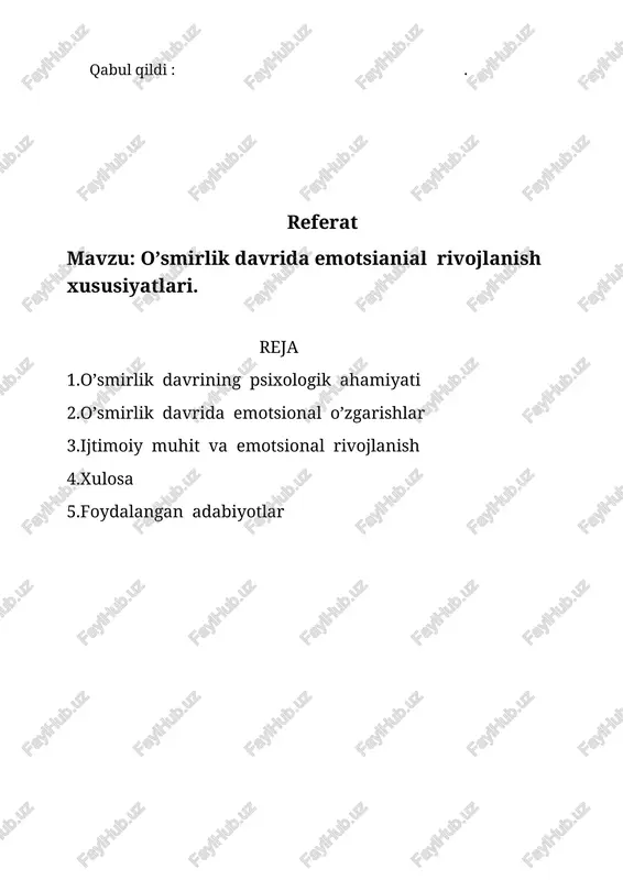 ar rivojlanadi. 3.miya rivojlanish -o’smirlik davrida miyaning prefrontal korteksl to’liq rivojlanmaydi. 4.o’zini topish - o’smirlar o’z idenifikatsiyalarini shakllatirishga harakat qilishadi. o’smirlik davrida xulq -atvor o’zgarishlari. 1.mustaqilikka intilish -o’smirlar mustaqil qarorlar qabul qilishga intila boshlaydi o’z fikrkarini bildiradi va ota -onalarning nazoratlaridan qochishga harakat qiladi. 2. g’azab va asabiylashish -gormonlarning o’zgarishi va o’zgarishlarga moslashish qiyinligi tufayli o’smirlar tez-tez g’azablanishi va asabiylashishi mumkin. 3. o’ziga xoslikni qidirish -o’smirlar o’zlarining kimligini aniqlashga harakat qiladi turli xil kiyim uslublari musiqa yo’nalishlari va guruhga qo’shilish orqali o’zlarini ifoda etishadi. 4.jamiyatga moslashish - o’smirlar tengdoshlati bilan aloqalarini mustahkamlash ijyimoiy norma va qoidalarga moslashishga harakat qiladi. o’smirlik davrida hissiy –irodaviy sohaning o’zgarishi. hissiy o’zgarishlar - o’smirlar hissiyotlarni boshqarishda qiyinchiliklarga duch kelishadi. ular ko’pincha o’zgaruvchan kayfiyatlar. ushbu hissiyotlarning keskinligi o’zgaruvchanligi va tezkorligi o’smirlarga qiyin damlarni boshdan kechirishga olib kelishi mumkin. irodaviy soha -o’smirlar o’z xatti harakatlarini nazorat qilish, o’ziga intizomli bo’lish qiyinchiliklarga qarshilik ko’rsatishda qiyinchiliklarga duch kelishadi. irodaviy …