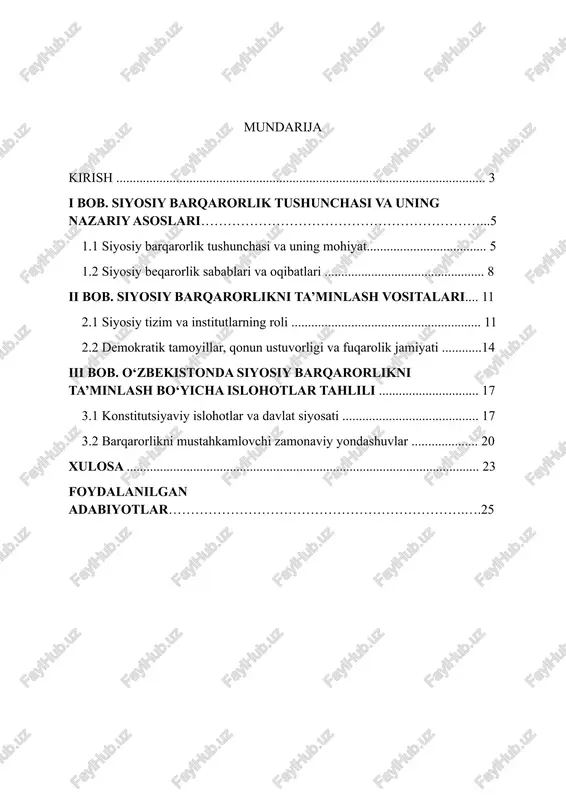 moqda. dunyoda sodir bo‘layotgan geosiyosiy ziddiyatlar, ijtimoiy adolatsizliklar, migratsiya jarayonlari, iqtisodiy tengsizlik, diniy va etnik muammolar siyosiy barqarorlikka putur yetkazmoqda. misol uchun, so‘nggi yillarda yaqin sharq va afrikada yuz bergan siyosiy beqarorlik ommaviy noroziliklar, inqiloblar, hatto fuqarolik urushlariga olib kelmoqda. bunday holatlar har qanday davlat uchun siyosiy barqarorlikni saqlab qolish va mustahkamlash ustuvor vazifalardan biri ekanligini ko‘rsatadi. siyosiy barqarorlik — bu oddiygina tinchlik emas. bu – davlat institutlarining uzluksiz faoliyati, fuqaroning erkin va xavfsiz yashashi, jamiyatning o‘z imkoniyatlarini to‘liq ro‘yobga chiqarishiga zamin yaratadigan muhitdir. u nafaqat siyosiy elitaga, balki keng jamoatchilikka ham baravar bog‘liq bo‘lgan murakkab ijtimoiy jarayondir. siyosiy barqarorlikni ta’minlashda siyosiy tizim barqarorligi, huquqiy asoslar, demokratik institutlarning ishlashi, axborot erkinligi, fuqarolik jamiyati institutlari, siyosiy partiyalar va saylov tizimining samaradorligi muhim ahamiyatga ega. agar ushbu omillar muvozanatli faoliyat yuritsa, jamiyatda barqarorlik mustahkamlanadi. o‘zbekiston respublikasi ham mustaqillikka erishganidan so‘ng, o‘z oldiga siyosiy barqarorlikni ta’minlash vazifasini qo‘ydi. dastlabki yillarda bu yo‘nalishda muayyan …