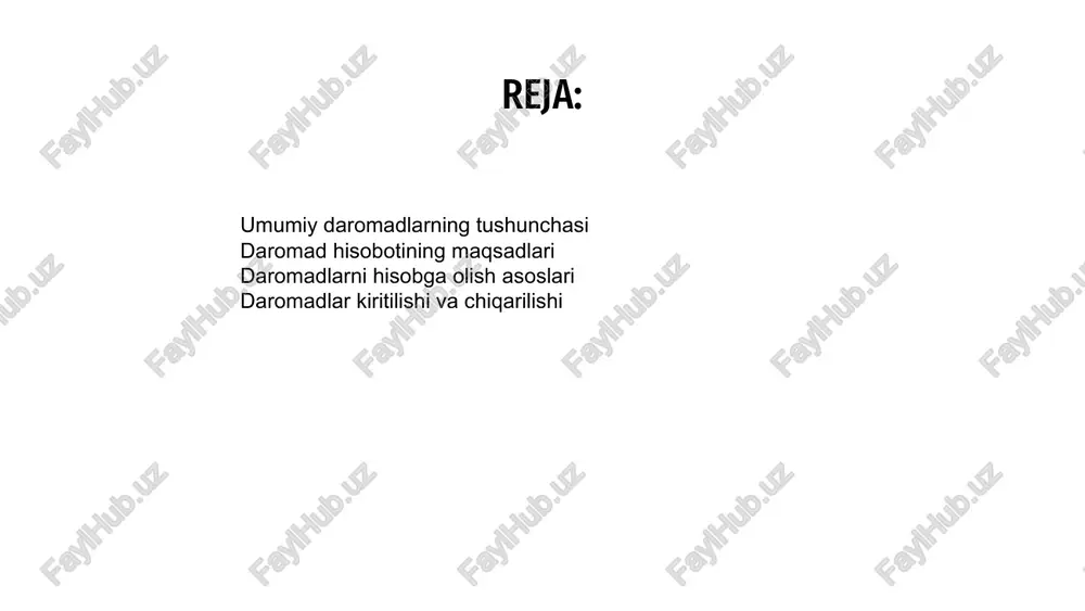 oliyaviy natijalarni aniq ko'rsatishga yordam beradi. bu usul korxonalar uchun moliyaviy barqarorlikni ta'minlaydi. 02 hisobotda daromadlar va xarajatlarni to'g'ri taqsimlash muhimdir. bu orqali biznes faoliyatining to'liq va aniqlik bilan ko'rsatilishini ta'minlaydi. 03 daromadlar kiritilishi va chiqarilishi daromadlarni to'g'ri aks ettirish usullari umumiy daromadlarni hisobda aks ettirish asosiy muhim vazifa bo'lib, to'g'ri usullar bilan daromadlar aniqligi ta'minlanadi va moliyaviy holat anglashiladi. 02 daromad hisobotining asosiy moddalari orqali daromadlar aniq va oshkora tarzda yoziladi, shuningdek, moliyaviy ko'rsatkichlar to'g'ri qayd etilishi muhim ahamiyatga ega. 03 daromadlarni to'g'ri aks ettirish usullari yordamida moliyaviy boshqaruv samarali bo'ladi, kuzatuv, tahlil va hisobotlar ishonchli ma'lumotlarga asoslanadi. 01 1 2 3 umumiy daromadlarni hisobda aks ettirish jarayoni muhim bo‘lib, bu moliyaviy hisobotlarning to‘g‘ri va shaffof bo‘lishini ta'minlaydi. daromadlar turlariga ajratiladi. har bir daromad turi, masalan, asosiy va yordamchi, hisobga olinishi zarur, bu esa kompaniyaning moliyaviy holatini aniq ko‘rsatishga yordam beradi. qurilish asosiy qismdir. daromadlarning hisobga olinishi uchun ularni …