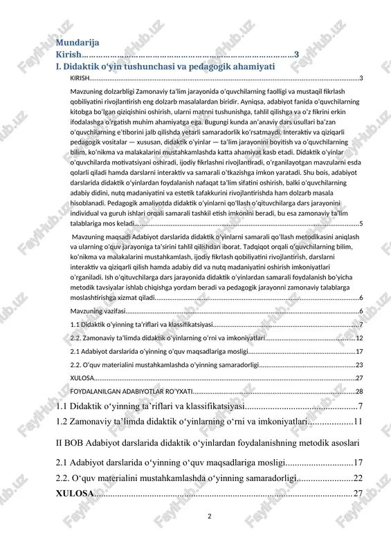 qiladi, o‘quvchilarning faolligini rag‘batlantiradi va ta’lim jarayoniga nisbatan ijobiy munosabatni kuchaytiradi. [1: o‘zbekiston respublikasi prezidentining qarori. “ta’lim sifatini oshirish va maktablarda pedagogik jarayonni modernizatsiya qilish chora-tadbirlari to‘g‘risida” pq–5356-son, toshkent, 2020. +] an’anaviy dars usullari ba’zan o‘quvchilarning e’tiborini jalb qilishda yetarli samaradorlik ko‘rsatmaydi, shuning uchun interaktiv va qiziqarli pedagogik vositalar — xususan, didaktik oʻyinlar — ta’lim jarayonini boyitish va o‘quvchilarning bilim, ko‘nikma hamda malakalarini mustahkamlashda katta ahamiyat kasb etadi. didaktik oʻyin — bu o‘quvchilarning bilim, ko‘nikma va malakalarini shakllantirish hamda mustahkamlash jarayonida qiziqarli va interaktiv shaklda tashkil etiladigan faoliyat bo‘lib, u o‘quvchilarda faollikni oshiradi, ijodiy fikrlashni rivojlantiradi va darslarni esda qolarli qiladi. adabiyot darslarida didaktik oʻyinlardan foydalanish nafaqat o‘quv jarayonini boyitadi, balki o‘quvchilarning adabiy didini shakllantirish, nutq madaniyatini rivojlantirish va estetik tafakkurini mustahkamlashda ham muhim ahamiyatga ega. adabiyot darsi, predmeti esa dars jarayonida didaktik oʻyinlardan foydalanishning pedagogik va metodik jihatlari hisoblanadi. adabiyot darslarida didaktik oʻyinlarni samarali qo‘llash metodikasini aniqlash va ularning …