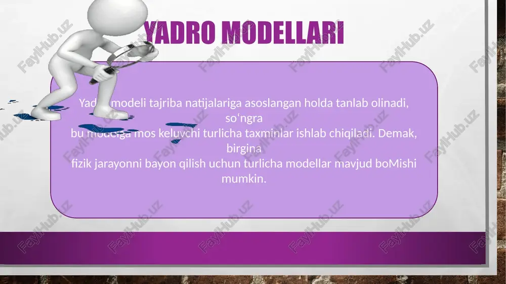 li barcha yadrolar uchun tajribalarga qanoatlanarli ravishda to‘g‘ri keladigan yadro bogmanish energiyasining yarim emperik formulasini yaratdi. yadro tomchi tebranma energiyasi: fermi gaz modeli. yadroni tashkil qilgan nuklonlar spinga ega va fermi-dirak statistikasiga bo‘ysunadi. mazkur modelda yadroni tashkil qilgan har bir zarra yadroning boshqa nuklonlari tomonidan hosil qilingan o‘rtacha maydonda deyarli mustaqil harakat qiladi deb hisoblanadi. mustaqil harakat deganda, zarraning yadro ichidagi o‘rtacha erkin yugurish yo‘li yadroni diametrigayaqin bomishi tushuniladi. 0 ‘zaro kuchli ta’sirlashadigan nuklonlar deyarli o‘zaro ta’sirlashmaydigan zarralardan tashkil topgan gaz deb qabul qilish mumkin. fermi gaz modeli. mikrozarralarning pauli printsipiga amal qiluvchi va hamma pastki sathlarni to’liq to’ldiruvchi bunday sistemani aynigan fermi-gaz modeli deb ataladi. aynigan fermi-gaz modeli nuklonlar o’rtasida kuchli o’zaro yadro ta'siri bo’lishiga qaramasdan nuklonlarning to’qnashuvi ta'qiqlanadi va ular xuddi o’zaro ta'siri juda kichik bo’lgandagidek, o’zlarini erkin tutadilar. aslida esa qandaydir bitta nuklon ikkinchisi bilan to’qnashuvi va o’zining energiya va impulsning bir qismini ikkinchi nuklonga berishi mumkin. …