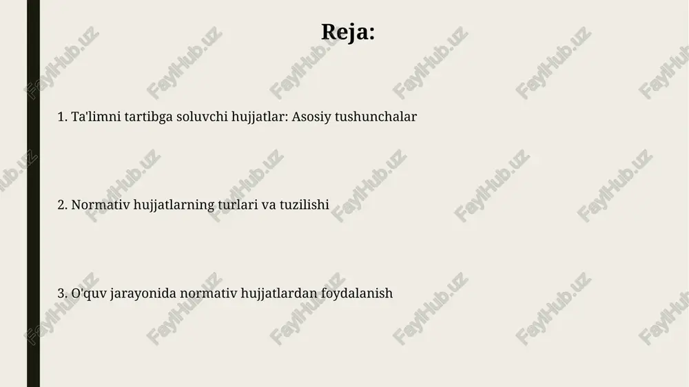 an va ta'lim sifatini belgilovchi asosiy hujjat hisoblanadi. dtsda umumiy o'rta ta'limning har bir bosqichi uchun talablar, jumladan, o'quv yuklamasi hajmi, o'quv rejalari va fan dasturlari mazmuni bo'yicha aniq ko'rsatmalar berilgan. o'quv rejalari va dasturlari o'quv rejalari umumiy o'quv yuklamasini, har bir fan uchun ajratilgan soatlar sonini va darslar tartibini belgilaydi, masalan, haftalik 36 soat, yillik 102 soatdan kam bo'lmasligi kerak. o'quv dasturlari fan bo'yicha o'quv maqsadlari, vazifalari, mazmuni, bilim, ko'nikma va malaka talablarini aniq belgilaydi, 70% amaliy mashg'ulotlar bo'lishi mumkin. o'quv jarayonini tashkil etish tartibi o'quv jarayoni o'zbekiston respublikasi vazirlar mahkamasining 2017-yil 15-martdagi 140-sonli qarori bilan tasdiqlangan nizomga muvofiq tashkil etiladi. o'quv rejalar va dasturlar davlat ta'lim standartlari asosida ishlab chiqiladi, ularning mazmuni o'quv soatlarida aks etadi. o'qituvchilarning huquq va majburiyatlari o'qituvchilar ta'lim jarayonini tashkil etishda erkinlikka ega, pedagogik faoliyat metodlarini mustaqil tanlash huquqi, 23-modda asosida kafolatlanadi. o'qituvchilar o'z kasbiy malakasini oshirishga majbur, kamida har 5 yilda bir marta …
