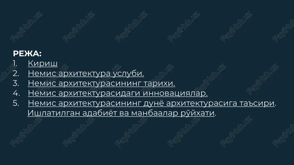 z klassitsizmi ta'sirida shakllana boshladi. bu uslubda garmoniya, xotirjamlik, matematik aniqlik kabi estetik tamoyillar ustuvor edi. yangi davr islohotlari xix asr oxiri va xx asr boshlarida modern, ekspressionizm va bauxaus kabi arxitektura yo'nalishlari paydo bo'ldi. bu uslublar milliy an'analar va yangi shakllarni uyg'unlashtirishga intilishdi. zamonaviy tendentsiyalar hozirgi kunda nemis arxitekturasida ratsionalizm, texnologik innovatsiyalar, resurs tejamkorlik, tabiatga moslashish kabi tamoyillar ustuvor. bu uslublar milliy va mahalliy xususiyatlarni saqlagan holda xalqaro mezonlarga javob beradi. 6 klassik nemis uslubi xususiyatlari 1 simmetriya klassik nemis arxitekturasida simmetrik shakllar, tartibli kompozitsiyalar ustuvor. bu o'z-o'zidan tartib, madaniyat va inson tabiatiga moslashgan qonuniyatlarni namoyish etadi. 2 dekorativ shakllar nafis niqobli kirmalar, mehmonxonalarni bezovchi o'ymakorlik, balkon ustunlari, ganch va tosh naqshlar klassik nemis uslubini ajralib turadigan belgilaridir. 3 texnik kamolot klassik nemis binolari texnik jihatdan mukammal bo'lib, injenerlik echimlari yuqori sifatli materiallar bilan uyg'unlashadi. bu arxitektura ijodkori va texnik mutaxassislarning hamjihatligini ko'rsatadi. 7 modern nemis arxitekturasi funktsionalizm modern …