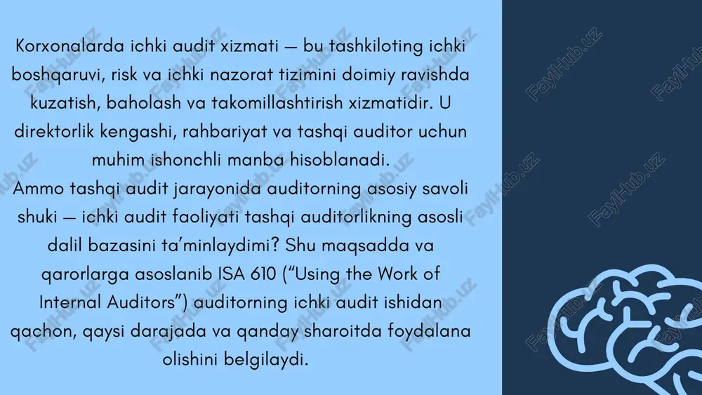 hki boshqaruv va nazoratni baholovchi tizimdir. uning asosiy maqsadi: • boshqaruv faoliyatining samaradorligini oshirish • risklarni boshqarish jarayonini optimallashtirish • ichki nazorat tizimining samaradorligini doimiy baholash • moliyaviy va operatsion jarayonlardagi xatolik va firibgarlikni oldini olish 👥 ichki audit ishini amalga oshiradigan asosiy yo’nalishlar: 1. assurance faoliyati: muhim nazorat jarayonlari va boshqaruv tizimlarini baholash va mustaqil xulosa berish. 2. consulting (konsalting) faoliyati: boshqaruv organlariga strategik tavsiyalar berish. 3. monitoring funktsiyasi: tavsiyalar amalga oshirilganini tekshirish va doimiy kuzatuv olib borish. isa 610 tashqi auditor tomonidan ichki audit ishidan foydalanish shartlarini, chegaralarini va boshqaruv jarayonlarini belgilaydi. bu standart ikki asosiy holatga taalluqlidir: 1. 🎯 ichki audit faoliyatidan dalil sifatida foydalanish: • moliyaviy hisobotga taalluqli ishlar (ichki nazoratlar, jarayon tahlili, amaliy tekshiruvlar). • tashqi auditor bu dalillardan foydalanib, audit jarayonini optimallashtirishi mumkin. 2. 🔧 ichki auditorning bevosita yordamidan foydalanish (agar qonun yoki standart taqiqlamaydi): • tashqi auditor yo‘riqnomasi, nazorati va tekshiruvi ostida ma’lum …