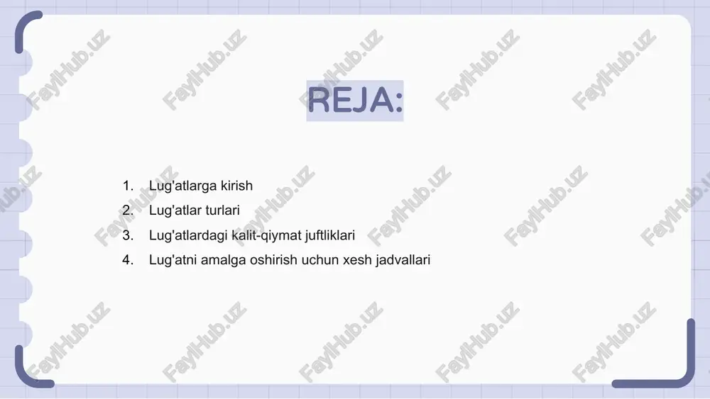 niladi. lug'atlarda har bir kalit noyob bo'lishi kerak va uning tegishli qiymatiga kirish uchun ishlatiladi. bu ularni elementlarning paydo bo'lishini hisoblash yoki ob'ektlar o'rtasidagi munosabatlarni xaritalash kabi vazifalar uchun ideal qiladi. lug'atlarni amalga oshirish kalitlarni xotiradagi ma'lum joylarga xaritalash uchun xesh funktsiyasidan foydalanishni o'z ichiga oladi, bu esa o (1) kirish vaqtini ta'minlaydi. ularning amalga oshirilishini tushunish kod ishlashini optimallashtirish uchun juda muhimdir. lug'atni amalga oshirish uchun xesh jadvallari lug'atlar - bu kalit-qiymat juftlarini saqlash uchun ishlatiladigan ma'lumotlar tuzilmalari. ular qo'shish, o'chirish va qidirish operatsiyalarini samarali bajarishga imkon beruvchi xesh-jadvallar yordamida amalga oshiriladi. xesh jadvallari kalitlarni massivdagi indekslarga solishtirish uchun xesh funksiyasidan foydalanadi. bu lug'atni qo'llash uchun ideal holga keltiruvchi doimiy o'rtacha ish vaqtini qidirish imkonini beradi. lug'atni amalga oshirish uchun xesh-jadvallardan foydalanish orqali biz kalitlar bilan bog'liq qiymatlarni tezda olishimiz mumkin, bu esa uni ma'lumotlarni saqlash va ulardan samarali foydalanish uchun mashhur tanlovga aylantiradi. lug'atlarda qidirish va qidirish lug'atlar …