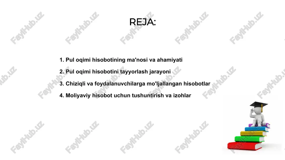 ga mo'ljallangan hisobotlar orqali moliyaviy ma'lumotlar tez va samarali tarzda taqdim etiladi, qaror qabul qilish jarayonini yengillashtiradi. moliyaviy hisobot uchun tushuntirish va izohlar pul oqimi to'g'risidagi hisobotni tayyorlash uchun asosiy ma'lumotlar va moliyaviy ko'rsatkichlarni to'plash zarur. bu jarayon aniqlik va ishonchlilikni ta'minlaydi. 1. 2. 4. moliyaviy hisobot uchun tushuntirish va izohlar ishlab chiqiladi, ular kompaniyaning moliyaviy holati va natijalarini to'g'ri tushuntirishga yordam beradi. eslatmalar muhim ahamiyatga ega. tuzilgan hisobot va izohlar yordamida foydalanuvchilar to'g'ri qarorlar qabul qilishlari mumkin. bu moliyaviy tahlil va qaror qabul qilish jarayonini soddalashtiradi. hisobotda ko'rsatiladigan asosiy ko'rsatkichlar 01. 02. 03. pul oqimi to'g'risidagi hisobotni tayyorlashda, asosiy ma'lumotlar va faktlarni to'liq va aniq shaklda taqdim etish muhimdir. bu jarayon uchun kerakli ma'lumotlar to'planadi va tahlil qilinadi. moliyaviy hisobot uchun tushuntirish va eslatmalarni yozishda, ko'rsatilgan ko'rsatkichlarning mohiyati va hisoblash usullari tushuntiriladi. bu ish sifatli va tushunarli bo'lishiga yordam beradi. hisobotda ko'rsatiladigan asosiy ko'rsatkichlar, pul oqimining holati va samaradorligini …