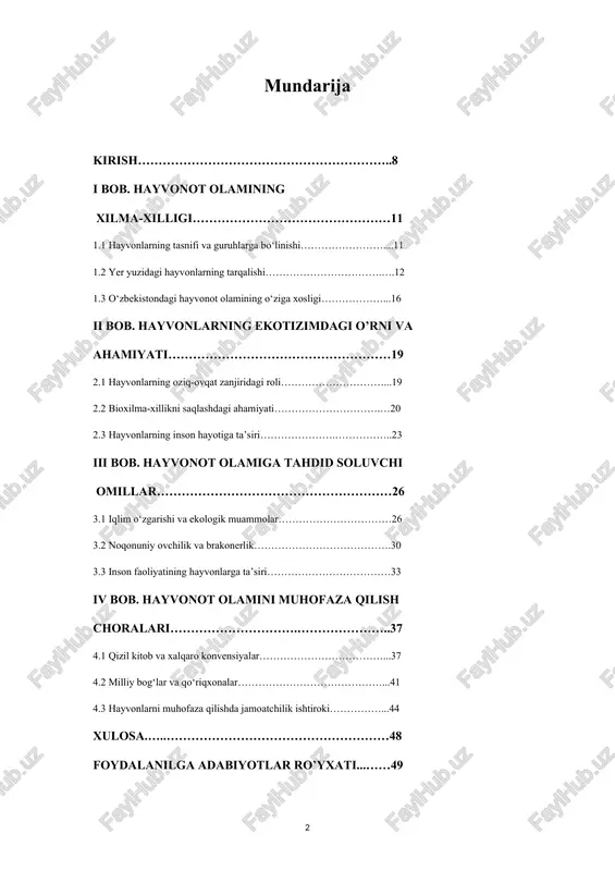 tiga bevosita va bilvosita ta’sir ko‘rsatadi. shu sababli, hayvonlarni muhofaza qilish choralari, biologik xilma-xillikni saqlash strategiyalari va barqaror ekologik tizimlar yaratish masalalari jahon hamjamiyatining e’tibor markazida turibdi. mazkur kurs ishi hayvonot olamining ahamiyatini, uning ekotizimdagi o‘rnini va muhofaza qilish yo‘llarini tahlil qilishga bag‘ishlangan bo‘lib, bu boradagi ilmiy va amaliy tadqiqotlar asosida dolzarb masalalarga yechim topishga yordam beradi. kurs ishining maqsadi. mazkur kurs ishining asosiy maqsadi – hayvonot olamining xilma-xilligini o‘rganish, uning tabiiy ekotizimdagi o‘rnini aniqlash va uni muhofaza qilishning ahamiyatini yoritishdan iborat. shuningdek, hayvonot olamining tasnifi va turli guruhlarini o‘rganish, ularning ekotizimdagi biologik va ekologik rolini aniqlash muhim jihatlardan biridir. hayvonot olamiga ta’sir ko‘rsatuvchi salbiy omillarni tahlil qilish va ularni bartaraf etish bo‘yicha chora-tadbirlarni o‘rganish ushbu ishning asosiy yo‘nalishlaridan hisoblanadi. bundan tashqari, hayvonlarni himoya qilish bo‘yicha milliy va xalqaro tadbirlarni o‘rganish, biologik xilma-xillikni saqlash bo‘yicha tavsiyalar ishlab chiqish ham mazkur ishning maqsadlari qatoriga kiradi. ushbu maqsadlar asosida hayvonot olamining tabiiy …