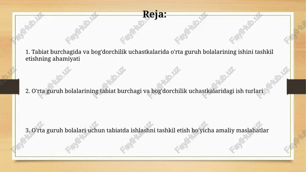 hi ko'rsatadi), 2) tushuntirish (qisqa va tushunarli), 3) savol-javob (bolalarni faol ishtirok ettirish). o'rta guruh bolalari uchun tabiat burchagining jihozlanishi o'rta guruhda 2-3 xil xona o'simliklari bo'lishi kerak, ularning har biri turli barg shakliga, tuzilishiga va o'lchamiga ega bo'lishi lozim. bolalar tabiat burchagida ob-havoni kuzatish uchun kalendar, termometr va barometr kabi 3 ta asosiy vositani ishlatishni o'rganadilar. o'quv-tarbiyaviy jarayonda tabiat burchagining o'rni tabiat burchagi bolalarda 5 sezgi organini rivojlantiradi, ularga 30 ga yaqin xona o'simliklari va 10 xil hayvonot turini kuzatish orqali bilim beradi. o'quv jarayonida tabiat burchagi 7 yoshgacha bo'lgan bolalarning ekologik ongini shakllantirishda muhim rol o'ynaydi, atrof-muhitga 2 tomonlama munosabatni uyg'otadi. bog' uchastkasida ishlashning ahamiyati bog 'uchastkasida ishlash 3-5 yoshli bolalarda kuzatuvchanlikni rivojlantiradi, tabiat hodisalarini o'rganishga qiziqish uyg'otadi va oddiy o'simliklarni parvarishlash ko'nikmalarini shakllantiradi. bog 'uchastkasida faoliyat yuritish bolalarga yilning turli fasllarida tabiatdagi o'zgarishlarni bevosita kuzatish imkonini beradi, bu ularning ekologik tushunchalarini boyitadi. bog' uchastkasida ishlashni tashkil etish …