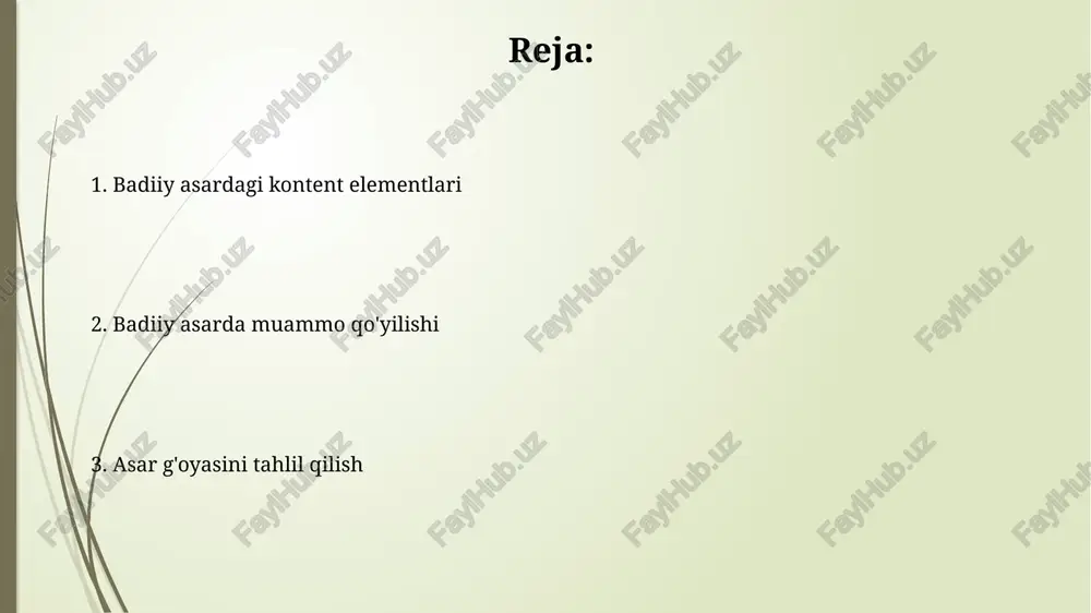 lari va rivojlanish dinamikasi hamda har birining individual xususiyatlari. konfliktning o'rni konflikt 1 ta'rifga ko'ra, adabiy asarda personajlar, g'oyalar yoki kuchlar o'rtasidagi ziddiyat bo'lib, syujetni harakatga keltiruvchi 2 tomonlama kurashdir. konfliktning o'rni voqeaning 3 asosiy qismida namoyon bo'ladi: boshlanishi (1-harakat), rivojlanishi (2-harakat) va yechimi (3-harakat), har birida o'ziga xos funksiyasi bor. badiiy til va tasvir vositalari badiiy til unsurlari orasida troplar (metafora, simile, metonimiya, sinekdoxa) kabi 4 ta muhim figura mavjud bo'lib, ular ma'noni kuchaytirishga xizmat qiladi. tasviriy vositalar, masalan epitetlar va giperbolalar, asarning emotsional ta'sirini oshiradi; ular obrazlarni 2-3 marta yaqqolroq va ta'sirchan qilib ko'rsatadi. muammo qo'yilishi “muammo qoʻyilishi” asarda ziddiyatlarni yuzaga keltiradi. masalan, 19-asr romanlarida shaxs va jamiyat oʻrtasidagi kurash asosiy muammo sifatida aks etgan, bu esa konfliktni kuchaytiradi. “muammo qoʻyilishi” – bu 3 asosiy savolni oʻz ichiga oladi: nima uchun muammo yuzaga keldi, uning oqibatlari qanday va uni qanday hal qilish mumkin? bu savollar voqealar rivojini belgilaydi. …