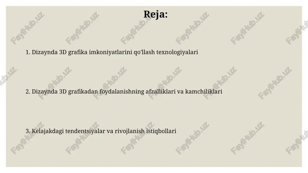 arajatlarni 90% ga kamaytirishga imkon beradi. stereolitografiya (sla) 3d bosib chiqarishda suyuq smolani qatlamma-qatlam qattiqlashtirish uchun uv lazerdan foydalanadi va nozik tafsilotlar bilan prototiplarni ishlab chiqarish uchun 0,05 mm gacha aniqlikka erishadi. dizaynda vizuallashtirish va rendering dizayndagi vizuallashtirish, 3d modellashtirish orqali mahsulotning realistik tasvirini yaratadi va uning tashqi ko'rinishini, materiallarini va shakllarini aniq namoyish etadi. rendering, 3d modelni yakuniy rasmga aylantirish jarayoni bo'lib, yorug'lik, soyalar va teksturalarni hisobga olib, fotorealistik tasvirlar yaratishga imkon beradi. 3d dizayn tendensiyalari va kelajak istiqbollari 3d dizaynda generativ dizayn tendensiyalari, ai algoritmlaridan foydalanib, turli xil yechimlarni tez yaratadi, bu esa optimallashtirishda 25% gacha samaradorlikni oshiradi. metaverse va kengaytirilgan reallikning (ar) o'sishi 3d dizaynni yanada immersiv tajribalarga yo'naltiradi, 2027 yilga kelib bozor hajmi 500 milliard dollardan oshishi kutilmoqda. e'tiboringiz uchun rahmat image3.png image4.jpg image5.jpg image6.jpg image7.jpg image8.jpg image9.jpg