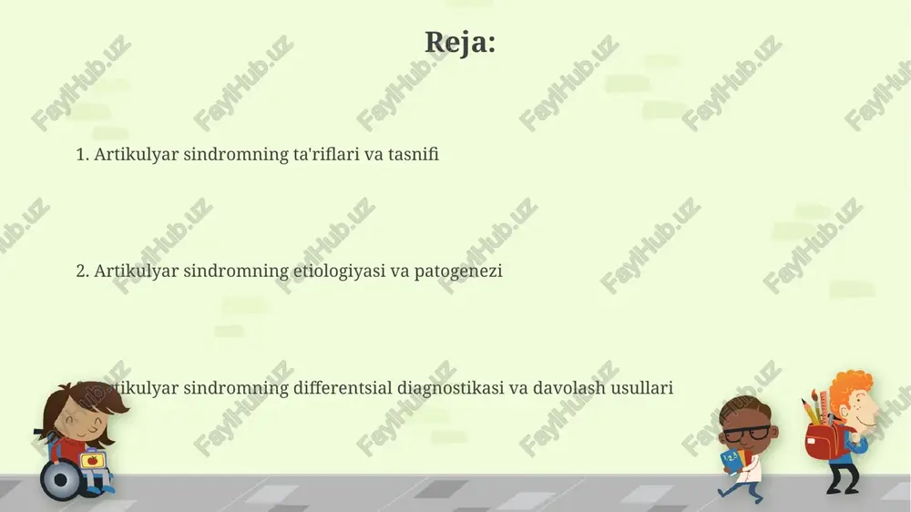 taktikasini aniqlashda muhimdir. articular sindrom tasnifida bo'g'imlarning soni (monoartrit, oligoartrit, poliartrit) va joylashuvi muhim ahamiyatga ega, chunki bu diagnostika yo'nalishini o'zgartirishi mumkin. diagnostika mezonlari mezonlar bemorning klinik ko'rinishidagi artralgiya intensivligi, ertalabki qattiqlik davomiyligi va bo'g'imlarning shishishi kabi sub'ektiv va ob'ektiv belgilarni baholashni o'z ichiga oladi. rentgenografiya, magnit-rezonans tomografiya (mrt) kabi instrumental tekshiruvlar bo'g'im xaftasi va suyak tuzilmalaridagi o'zgarishlarni aniqlashga yordam beradi, masalan, 2-darajali osteofitlar va eroziyalar. differensial diagnostika artritning differensial diagnostikasi septik artritni istisno qilish uchun sinovial suyuqlikni tahlil qilishni o'z ichiga oladi, bunda leykotsitlar soni odatda 50000 dan ortiq bo'ladi. revmatoid artritning differensial tashxisi osteoartritdan farqlanadi, chunki osteoartritda bo'g'im torayishi va osteofitlar ko'rinadi, revmatoidda esa eroziv o'zgarishlar kuzatiladi. laboratoriya tekshiruvlari sistematik yallig'lanish ko'rsatkichlari, masalan, esr va c-reaktiv protein (crp), yallig'lanish jarayonining faolligini aniqlashda muhim, darajasi kasallikning zo'rayish darajasini ko'rsatadi. sinovial suyuqlik tahlili qon hujayralari soni, oqsillar darajasi va kristallarning mavjudligini aniqlashga yordam beradi, bu esa artritning turli shakllarini differentsiatsiya …