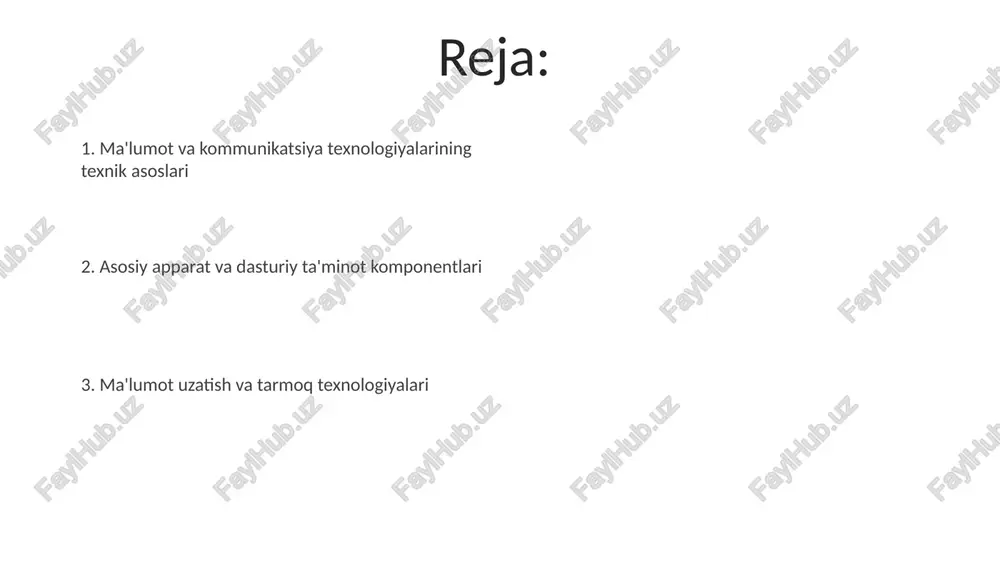 esa ularni dinamik xotira boshqaruvi bilan qulay qiladi, ammo indeks bo'yicha kirish sekinroq. algoritmlar, masalan, 'binary search' tartiblangan massivdagi elementni log(n) qadamda topadi, bu chiziqli qidiruvga nisbatan 10, 100, 1000 marta tezroq. kompyuter tarmoqlari kompyuter tarmoqlari osi modelining 7 qatlamiga asoslanadi, har bir qatlam ma'lum vazifalarni bajaradi, masalan, ma'lumotlarni paketlash va manzilni aniqlash, 100 mbit/s dan 400 gbit/s gacha tezlikni ta'minlaydi. tcp/ip protokoli kompyuter tarmoqlarining asosidir, ip manzillar (ipv4 va ipv6) orqali ma'lumotlarni yo'naltirishni ta'minlaydi va 80 (http) va 443 (https) portlari kabi portlar orqali xizmatlarni ajratadi. internet protokollari tcp protokoli ma’lumotlarni ishonchli yetkazishni ta’minlaydi. tcp ulanish oʻrnatish (uch tomonlama qoʻl berishish) va ma’lumot yetkazilishini tekshirish (xato topilsa qayta yuborish) mexanizmlariga ega. internet protokollari (ip) ma’lumotlarni paketlarga ajratib, har bir paketga manzil qoʻyadi. masalan, ipv4 da manzil 32 bitli boʻlib, oʻnlik sonlar bilan ifodalanadi (192.168.1.1 kabi). ma'lumotlar bazalari ma'lumotlar bazalari, ma'lumotlarni tuzilgan holda saqlash va boshqarish uchun ishlatiladi, relatsion (sql) …
