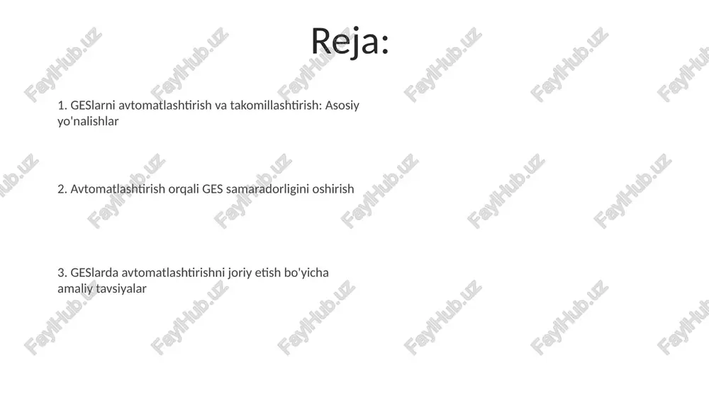 vaziyatlarni tezda aniqlashga yordam beradi. ai va machine learning algoritmlari suv turbinalarini optimallashtirish uchun ishlatiladi, natijada 5-10% gacha energiya ishlab chiqarishni ko'paytirish va xizmat ko'rsatish xarajatlarini kamaytirish mumkin. gesni avtomatlashtirish bosqichlari gesni avtomatlashtirish bosqichlarining birinchisi – bu asosiy uskunalarni, masalan, turbinalar va generatorlarni mahalliy avtomatik boshqaruv tizimlari bilan ta'minlash. ikkinchi bosqich, ma'lumotlarni yig'ish tizimini (scada) joriy etish orqali gesning barcha jihozlari haqida markazlashgan monitoring va nazoratni amalga oshirishni o'z ichiga oladi. avtomatlashtirish orqali ges samaradorligini oshirish geslarda adaptiv turbinalarni boshqarish orqali, turbinaning optimal ish rejimini ta'minlab, suv sarfini 10-15% kamaytirish va samaradorlikni oshirish mumkin. avtomatlashtirilgan monitoring tizimlari orqali asosiy uskunalar (generatorlar, transformatorlar) holatini real vaqtda kuzatish, nosozliklarni 20% ga kamaytiradi. misollar va muvaffaqiyatli loyihalar norvegiyaning “statkraft” kompaniyasi “tjodan” gesida gidroagregatlarning holatini monitoring qilish uchun ai-ga asoslangan tizimni joriy etib, nosozliklarni 25 foizga kamaytirishga erishdi. germaniyaning “rwe” kompaniyasi “innogy” bilan hamkorlikda 300 mvt quvvatga ega germershaym gesini avtomatlashtirib, samaradorlikni 15 foizga …
