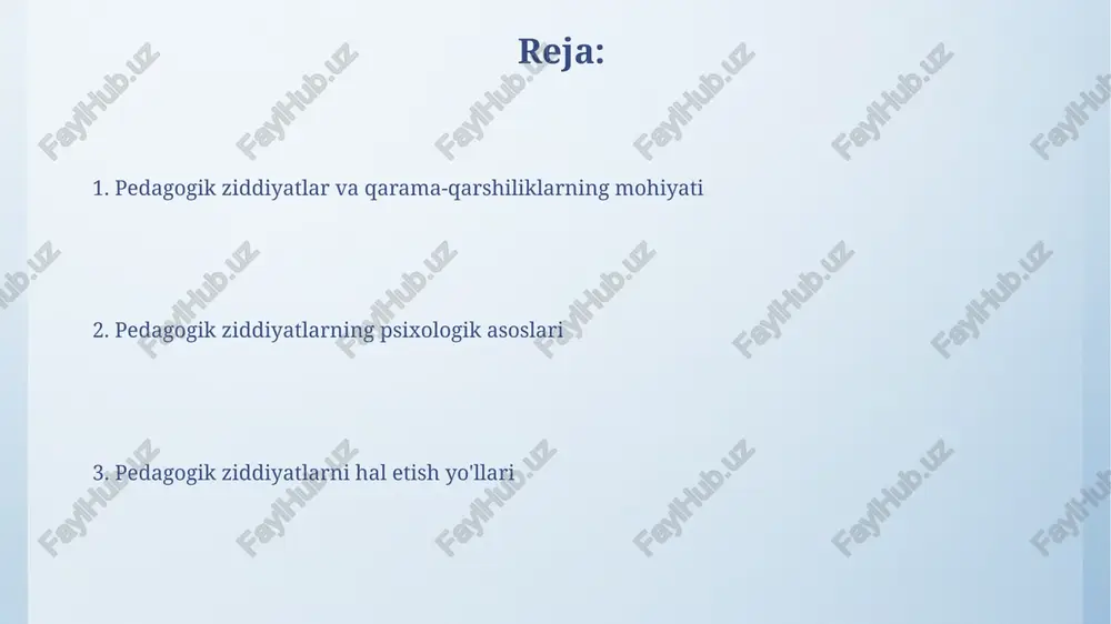 tuvchi mediator rolini o'ynashi, tomonlarni murosaga keltirishi va 100% adolatli yechim topishga yordam berishi kerak, xolis bo'lish muhim. o'qituvchi empatiya ko'rsatib, har bir o'quvchining nuqtai nazarini tushunishi, 95% vaziyatlarda to'g'ri yo'l topish va keskinlikni kamaytirish uchun eng muhim omil bo'ladi. o'quvchi-o'qituvchi munosabatlarida ziddiyatlar o'quvchi-o'qituvchi munosabatlaridagi ziddiyatlar ko'pincha o'qituvchining 1)avtoritar uslubi, 2)talablarning nomuvofiqligi, 3)o'quvchining individual xususiyatlarini hisobga olmaslik natijasida yuzaga keladi. o'quv jarayonida kelishmovchiliklar o'quvchining darsga bo'lgan qiziqishining yo'qolishi, baholash mezonlarining adolatsizligi va o'qituvchining sub'ektiv fikriga asoslanishi bilan bog'liq. o'quvchilar o'rtasidagi ziddiyatlar o'quvchilar o'rtasidagi ziddiyatlar resurslar taqsimoti natijasida kelib chiqishi mumkin. masalan, 10 nafar o'quvchi bitta kompyuterdan foydalanishga urinishi natijasida janjal yuzaga kelishi mumkin. psixologik nuqtai nazardan, o'quvchilar o'rtasidagi ziddiyatlar ijtimoiy-emotsional rivojlanish xususiyatlari bilan bog'liq. masalan, 7-sinf o'quvchilari o'zlarining shaxsiy chegaralarini himoya qilishga harakat qiladi. ota-onalar bilan o'qituvchilar o'rtasidagi ziddiyatlar ota-onalarning pedagogik qarashlari o'qituvchining professional metodikasi bilan mos kelmasligi, masalan, 30% holatda baholash mezonlari bo'yicha kelishmovchiliklar ziddiyatga olib kelishi mumkin. oilaviy …
