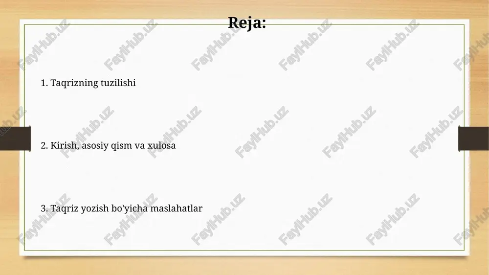 arning 100% aniq tavsifidir, bu esa natijalarning ishonchliligini ta'minlaydi. metodologiyada ma'lumotlar to'plash usullari, masalan, so'rovnomalar (75% javob darajasi) yoki kuzatuvlar va ularni tahlil qilish usullari (masalan, statistik testlar) batafsil bayon etiladi. natijalar "natijalar" bo'limida aniq raqamlar, foizlar va statistik ma'lumotlar taqdim etiladi, bu tadqiqotning asosiy topilmalarini ob'ektiv aks ettiradi, hech qanday izohsiz. tadqiqotning "natijalar" qismida p qiymati (p-value) kabi muhim ko'rsatkichlar keltiriladi, ular 0.05 dan kichik bo'lganda statististik ahamiyatga ega deb hisoblanadi. muhokama muhokama boʻlimida tadqiqot natijalari 5 yoki undan ortiq asosiy topilmalar kontekstida tahlil qilinadi, nazariy va amaliy ahamiyatini chuqur oʻrganish muhim. muhokama qismida tadqiqotning 7 ta asosiy cheklovlari eʼtirof etiladi hamda bu kamchiliklarni bartaraf etish uchun kelajakdagi izlanishlar boʻyicha 9 ta istiqbolli yoʻnalish aniqlanadi. xulosalar xulosalar baholashning yakuniy qismi bo'lib, unda asosiy argumentlar 2-3 jumla bilan qisqacha umumlashtiriladi, natijalarning ahamiyati ta'kidlanadi. xulosa bo'limi muallifning yakuniy bahosini o'z ichiga oladi, bu uning umumiy nuqtai nazarini ifodalaydi, masalan, 5 ballik …
