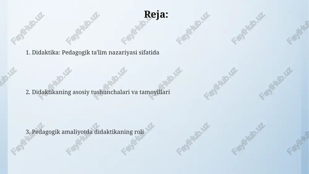 chilarning o'quv maqsadlariga erishish uchun birgalikda amalga oshiradigan 10 dan ortiq o'zaro bog'liq faoliyatlar majmuasi tushuniladi. ta'lim vositalari, masalan, 3d modellar, interaktiv doskalar, zamonaviy kompyuterlar va laboratoriya jihozlari kabi 5 turdagi o'quv resurslarini o'z ichiga oladi. an'anaviy usullar (ma'ruza, seminar) va interaktiv usullar (muammoli ta'lim, loyiha usuli) kabi 2 katta guruhga bo'linadigan ta'lim usullari mavjud. didaktik tadqiqotlar va ularning ahamiyati ushbu tadqiqotlar o'qitish metodlarini 2 xil yondashuv asosida baholaydi: samaradorlik va o'quvchilarning individual ehtiyojlariga moslashuvchanlik darajasini aniqlaydi. didaktik tadqiqotlar o'quv jarayonini optimallashtirishga qaratilgan bo'lib, 20-asrda rivojlangan ta'lim nazariyalarini sinovdan o'tkazishda muhim rol o'ynaydi. didaktik tadqiqotlar natijalari asosida 5 bosqichli o'quv dasturlari takomillashtiriladi, bu esa ta'lim sifatini oshirishda muhim ahamiyatga ega. e'tiboringiz uchun rahmat image4.png image3.jpeg