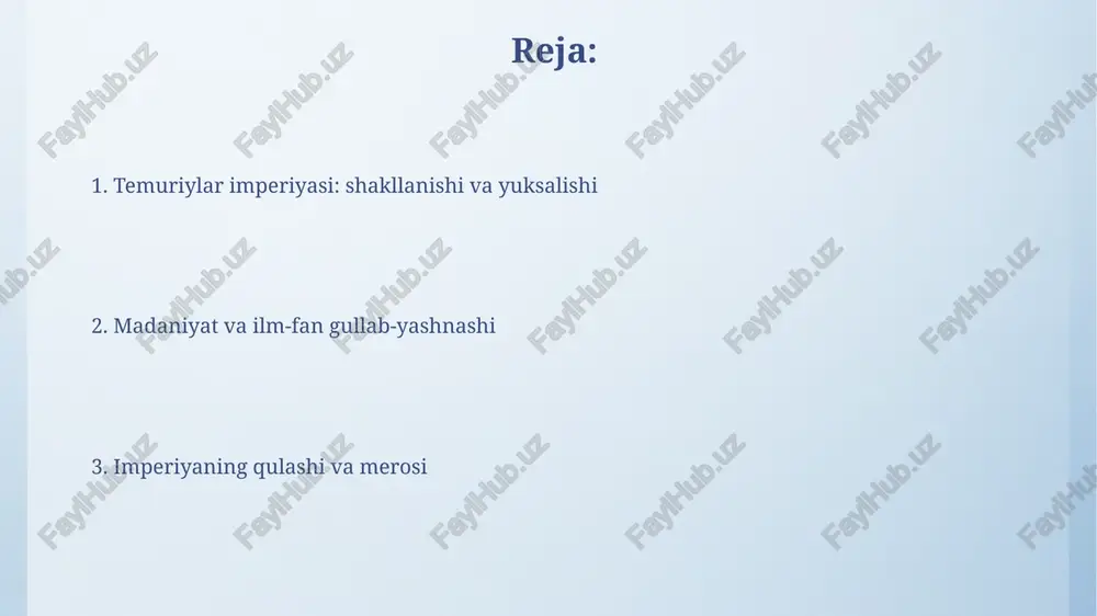 madaniyat va san'atning rivojlanishi ulug'bekning astronomik kuzatuvlari 15-asrda samarqandda qurilgan ulkan rasadxonasida amalga oshirildi, bu esa astronomiya fanining rivojlanishiga katta hissa qo'shdi. temuriylar davrida miniatyura san'ati gullab-yashnadi, ayniqsa, behzodning asarlari mashhur bo'lib, kitoblarning bezatilishida yangi uslublar yaratildi. temuriylar imperiyasining harbiy yurishlari va hududiy ekspansiyasi amir temurning 1392-1396 yillardagi besh yillik yurishi eronning g'arbiy qismi va mesopotamiyani bosib olishga qaratilgan bo'lib, jaloyiriylar sulolasi ustidan nazorat o'rnatildi. 1400-1401 yillarda amir temur suriya va uning atrofidagi hududlarga qarshi yurish qilib, mamluklar davlatini mag'lub etdi va damashqni vayron qildi, shu bilan hududni kengaytirdi. imperiyaning tanazzuli va merosi temuriylar davlatining tanazzuli xv asr oxirida hokimiyat uchun kurashlar, o‘zaro urushlar, va markaziy hokimiyatning zaiflashishi natijasida yuz berdi. 1507-yilda shayboniylar sulolasi temuriylarni movarounnahrdan siqib chiqarib, samarqandni egalladi, bu imperiyaning siyosiy markazsizlashuviga olib keldi. e'tiboringiz uchun rahmat image4.png image5.png image6.jpg image7.jpg image8.jpg image9.jpg image10.jpg image11.jpg image12.jpg image3.jpeg