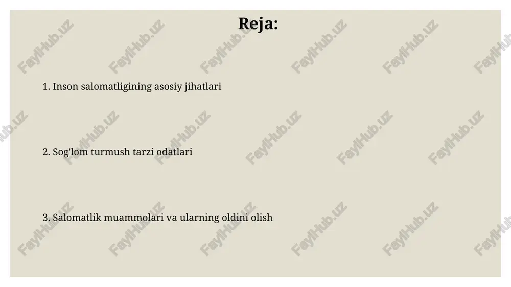 lib, 5 ta asosiy elementni o'z ichiga oladi: ijobiy his-tuyg'ular, jalb qilinganlik, munosabatlar, ma'no va yutuqlar (perma modeli). stressni boshqarish stressni boshqarishning samarali usuli – bu '4-7-8' nafas olish texnikasi bo'lib, bunda 4 soniya nafas olish, 7 soniya ushlab turish va 8 soniya nafas chiqarish orqali asab tizimini tinchlantirish mumkin. muntazam jismoniy mashqlar, masalan, haftasiga 150 daqiqa o'rtacha intensivlikdagi kardio mashqlari yoki 75 daqiqa yuqori intensivlikdagi mashqlar stress gormonlari darajasini pasaytiradi. immunitetni mustahkamlash vitamin d3 ni yetarli darajada qabul qilish immunitetni mustahkamlashda muhim rol o'ynaydi, chunki u t-hujayralarining faoliyatini tartibga soladi, kunlik dozasi 600-800 iu ni tashkil qilishi mumkin. probiotiklar, ayniqsa lactobacillus va bifidobacterium turlari, ichak mikroflorasini muvozanatlashtirib, immunitet hujayralarining faoliyatini oshiradi, bu esa infeksiyalarga qarshi kurashishda yordam beradi. infektsion kasalliklar va ularning oldini olish infektsion kasalliklar, masalan, gripp va covid-19, havo-tomchi yo'li orqali yuqadi. ularning oldini olish uchun niqob taqish va 1.5-2 metr masofani saqlash muhim. vaksinalar infektsion kasalliklarga …