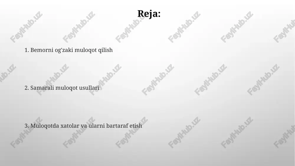 0% o'zini uning o'rniga qo'yish, lekin unga qo'shilib ketmaslik, professional chegarani saqlab qolishdir. hamdardlik - bu bemorning dardiga sherik bo'lish, unga achinish, lekin bu holat 70% bemorga yordam bermasligi, aksincha, uni yanada tushkunlikka solishi mumkin. noaniqlikni bartaraf etish "noaniqlikni bartaraf etish" bemor so'zlarini aniqlashtirishni o'z ichiga oladi, misol uchun, "og'riq" shkalasi (1-10) orqali og'riq darajasini so'rash va uni miqdoriy baholashga yordam beradi. "noaniqlikni bartaraf etish" jarayonida, konkret misollar talab etiladi. agar bemor "doimiy charchoq" desa, "so'nggi 72 soat ichida necha soat uxlagansiz?" deb so'rash tavsiya etiladi. madaniy sezgirlik madaniy sezgirlik 1) bemorning e'tiqodi va qadriyatlarini tushunishni anglatadi, bu esa tibbiy xodimga moslashuvchan va hurmatli munosabatda bo'lishga imkon beradi. madaniy sezgirlik 2) bemor bilan muloqotda noverbal signallarga, masalan, ko'z bilan aloqa qilish yoki shaxsiy makon chegaralariga e'tibor berish muhimdir. qiyin suhbatlar qiyin suhbatlar bemorning tashvishlarini aniqlash uchun "empathy" (empatiya, motivatsiya, pozitivlik, aniq kommunikatsiya, hamdardlik, yo'nalish) kabi 6 bosqichli modelni talab qilishi …