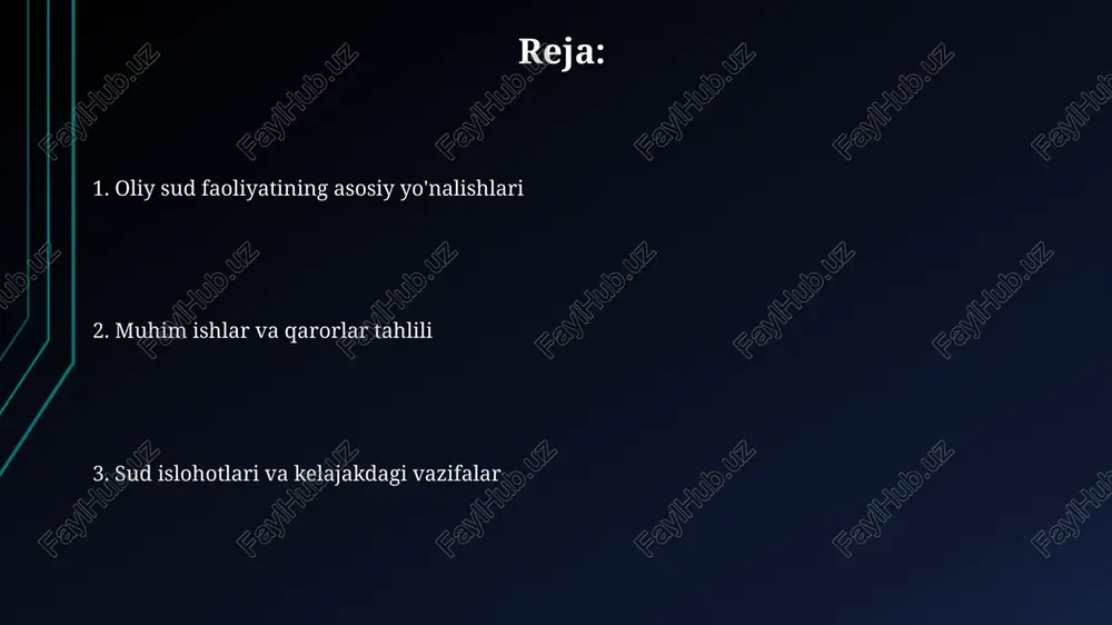 d tizimi islohotlari bo'yicha tajriba almashish bo'yicha memorandumlar imzoladi. 2023-yilda oliy sud bmttd bilan birgalikda 'inson huquqlari' bo'yicha 3 ta qo'shma loyihani amalga oshirdi, bu sud amaliyotiga ta'sir etdi. sud hokimiyatining mustaqilligi masalalari sud hokimiyatining mustaqilligi konstitutsiyaning 112-moddasida kafolatlangan bo'lib, bunda sudyalar faoliyatiga aralashishga yo'l qo'yilmaydi, faqat qonunda belgilangan tartibda javobgarlikka tortilishi mumkin. sudyalarning mustaqilligi oliy sud kengashi tomonidan himoya qilinadi, u sudyalarning daxlsizligini ta'minlaydi va ularning faoliyatiga noqonuniy aralashuvlarga qarshi kurashadi, 134-moddaga muvofiq. sud tizimini isloh qilish istiqbollari sud tizimini raqamlashtirishning faollashuvi, 2024-yilga borib 80% sud jarayonlarini onlayn tarzda o'tkazish, shaffoflikni oshirish va xarajatlarni kamaytirish imkonini beradi. arbitraj sudlari rolini kengaytirish, iqtisodiy nizolarni hal etishda xalqaro standartlarga muvofiq yangi mexanizmlarni joriy etish orqali investitsiya muhitini yaxshilash. e'tiboringiz uchun rahmat image1.png image2.jpg image3.jpg image4.jpg image5.jpg image6.jpg image7.jpg image8.jpg