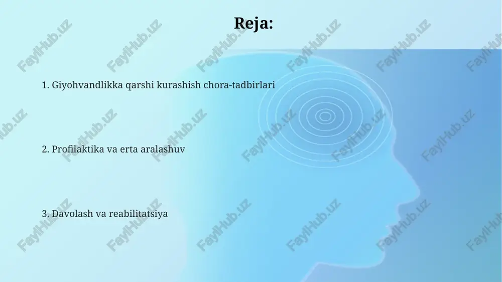 di. qo'llab-quvvatlash va integratsiya dasturlari “qo'llab-quvvatlash va integratsiya dasturlari” reabilitatsiyadan so'ng bemorlarga 6 oydan 1 yilgacha ijtimoiy moslashuv davrini o'tashga yordam beradi, bu davrda ular ish bilan ta'minlanadi. ushbu dasturlar doirasida sobiq giyohvand moddalar iste'molchilariga psixologik maslahatlar, huquqiy yordam va 12 bosqichli tiklanish dasturlari orqali qo'llab-quvvatlash ko'rsatiladi. qo'llab-quvvatlash markazlari bemorlarga kasbiy ta'lim olish imkoniyatini beradi, masalan, kompyuter savodxonligi, hunarmandchilik kabi 3 oygacha davom etadigan kurslarda qatnashish orqali bandlikni oshirishga qaratilgan. qonunchilik va huquqni muhofaza qilish jinoyat kodeksining 270-moddasi giyohvandlik vositalari, ularning analoglari yoki psixotrop moddalar bilan noqonuniy muomalada bo'lganlik uchun jinoiy javobgarlikni nazarda tutadi. o'zbekiston respublikasining "giyohvandlik vositalari va psixotrop moddalar to'g'risida"gi qonuni (20.08.1999-yildagi 763-i-son) giyohvandlikka qarshi kurashning huquqiy asoslarini belgilaydi. o'zbekiston respublikasi iiv giyohvandlikka qarshi kurash bo'yicha profilaktika tadbirlarini tashkil etadi va giyohvandlik bilan bog'liq jinoyatlarni tergov qilishda asosiy rol o'ynaydi. jamiyatning o'rni va ta'lim jamiyat ota-onalarni giyohvand moddalarni iste'mol qilishning 5 ta erta ogohlantiruvchi belgilari va ularga qanday …
