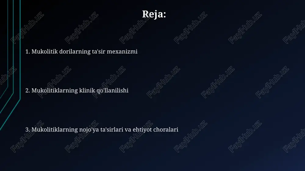 talni susaytiruvchi dorilar, ammo ular kamroq qo'llaniladi. kimyoviy tuzilishiga ko'ra, mukolitiklar tiol hosilalari (n-atsetiltsistein kabi), vazitsinon hosilalari (ambroksol kabi) va ferment preparatlariga (masalan, tripsin yoki xemotripsin) bo'linishi mumkin, ularning har biri o'ziga xos xususiyatlarga ega. qo'llash ko'rsatmalari bronxoektatik kasallikda balg'amning yopishqoqligini kamaytirish, nafas olish yo'llarini tozalash va nafas olishni yengillashtirish uchun 600 mg atsetiltsistein preparati buyuriladi. surunkali obstruktiv o'pka kasalligi (ko'k) bilan og'rigan bemorlarga nafas olish yo'llarida balg'amning to'planishini kamaytirish uchun ambroksol gidroxloridi 30 mg dan 3 mahal tavsiya etiladi. o'tkir bronxit bilan kasallangan bemorlarga balg'amni suyultirish va yo'tala olishni osonlashtirish uchun 200 mg guaifenesin preparati 4 soatda bir marta qabul qilishga ko'rsatma mavjud. dozalash va qabul qilish usullari ambroksol siropi bolalar uchun mos keladi, dozasi bolaning vazni va yoshiga bog'liq, kuniga 1.2 mg/kg hisobida ikki yoki uch marta beriladi. kattalar uchun esa tabletkalari 30 mg dan kuniga uch marta ichiladi. mukolitik dorilar dozalari kasallik og'irligi, bemorning yoshi va buyrak …