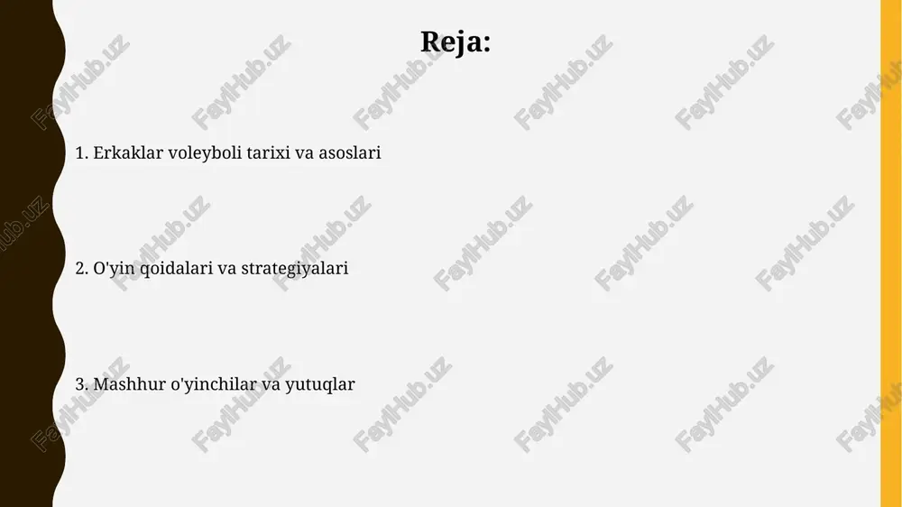 to'pni kuzatib, tezkor qarorlar qabul qilish miyaning 40% ga ko'proq faol ishlashini talab qiladi. xulosa va kelajak istiqbollari erkaklar voleybolida texnologiyalarni, masalan, sensorlar va video tahlilni keng joriy etish oʻyin sifatini 20% ga oshirib, murabbiylarga strategiyalarni optimallashtirishga yordam beradi. 2024-yilgi parij olimpiadasidan soʻng, voleybol federatsiyalari kamida 5 ta yangi davlatda oʻyinni rivojlantirish boʻyicha investitsiyalarni koʻpaytiradi, bu global ishtirokni kengaytiradi. e'tiboringiz uchun rahmat image2.jpg image3.jpg image4.jpg image5.jpg image6.jpg image7.jpg