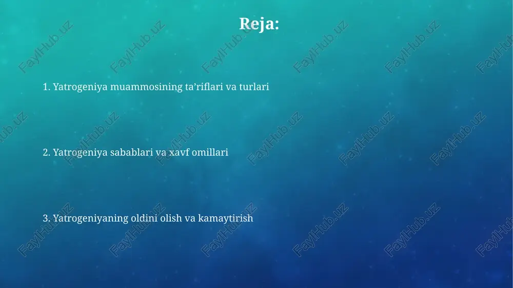 'tkaziladi. oldini olish strategiyalari iatrogeniya xavfini kamaytirish uchun kasalxonalar 5s tizimi (saralash, tartibga solish, tozalash, standartlashtirish, saqlash) kabi xavfsizlik protokollarini joriy etishi mumkin. dori vositalarining o'zaro ta'sirini oldini olishda elektron sog'liqni saqlash yozuvlari (esyz) va klinik qarorlarni qo'llab-quvvatlash tizimlari (cdss) muhim rol o'ynaydi. yatrogeniya oqibatlari yatrogeniya oqibatlaridan biri bu 10-20% hollarda uchraydigan dorilar ta'siridan kelib chiqadigan nojo'ya ta'sirlar bo'lib, ular yangi kasalliklarni keltirib chiqarishi mumkin. diagnostika va davolash jarayonlaridagi xatoliklar tufayli kelib chiqadigan yatrogeniya, 5-15% hollarda bemorlarda qo'shimcha sog'liq muammolariga sabab bo'lishi mumkin. yatrogen holatlarni boshqarish yatrogen holatlarni boshqarishda 1-qadam – bu hodisani aniqlash va bemorga zarar yetkazilish darajasini baholash, bu esa shoshilinch tibbiy yordam ko'rsatishni talab qilishi mumkin. muammoni hal qilishda ochiqlik va shaffoflik juda muhim. bemorga va uning oilasiga nima sodir bo'lganini tushuntiring va 100% xatolik bo'lsa, to'liq kechirim so'rang. e'tiboringiz uchun rahmat image4.png image2.png image5.jpg image6.jpg image7.jpg image8.jpg image9.jpg image10.jpg image11.jpg