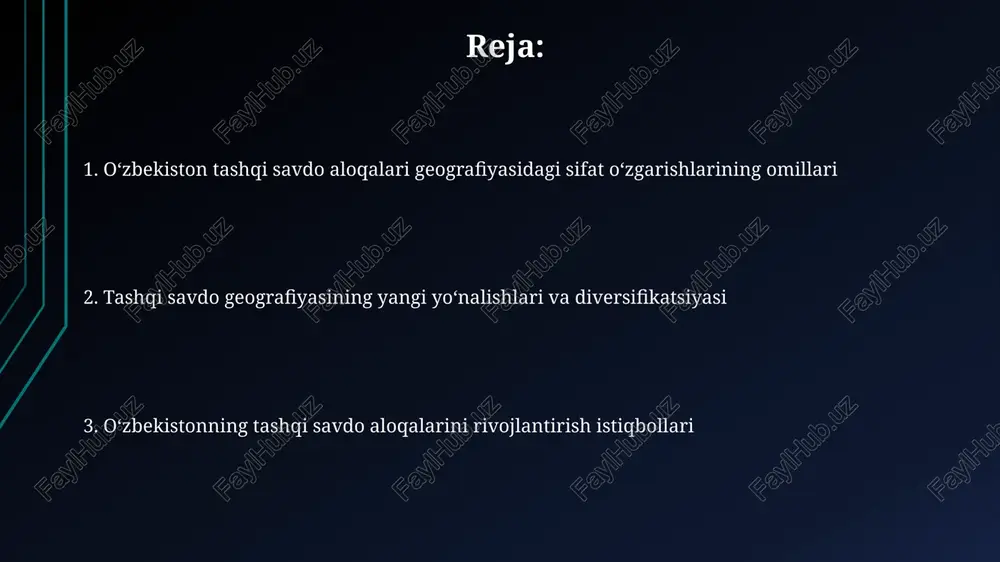 yilda umumiy hajmning 20 foizini tashkil etdi, bunda turizm va transport xizmatlari muhim rol o'ynaydi. mamlakatning asosiy savdo hamkorlari orasida xitoy yetakchilik qilmoqda, undan keyin rossiya va qozog'iston turadi, bu esa mintaqaviy savdo aloqalari mustahkamligini ko'rsatadi. tashqi savdo geografiyasining asosiy tendentsiyalari (2017-2024) 2017-2024 yillarda xitoy o'zbekistonning asosiy savdo hamkori bo'lib qoldi, savdo aylanmasi sezilarli darajada oshdi va diversifikatsiyalashga katta e'tibor qaratildi. rossiya federatsiyasi bilan savdo aloqalari mustahkamlandi, ayniqsa qishloq xo'jaligi mahsulotlari va sanoat tovarlari eksporti hajmi 15%ga ko'paydi. eksport tarkibidagi sifat o'zgarishlari oʻzbekiston eksportida xomashyo ulushi kamayib, yuqori qoʻshimcha qiymatli mahsulotlar, xususan, toʻqimachilik, oziq-ovqat va kimyo sanoati mahsulotlari 15% ga oshdi. 2023-yilda xizmatlar eksporti 30% ga oʻsdi, bu raqamli xizmatlar, turizm va transport sohalarining rivojlanishi hisobiga erishildi, bu esa eksport tarkibidagi diversifikatsiyani koʻrsatadi. import tarkibidagi sifat o'zgarishlari 2017-2023 yillarda o'zbekiston importida mashinasozlik mahsulotlari ulushi 15% dan 22% gacha oshdi, bu texnologik yangilanish va modernizatsiya jarayonlarini aks ettiradi. farmatsevtika importi sezilarli …