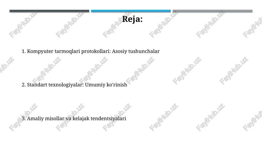 ort 80 va 443 orqali web sahifalar yuklanishini ta'minlaydi. ip (internet protocol) ma'lumot paketlarini manba manzilidan belgilangan manzilga yo'naltirish uchun ishlatiladi, 32-bitli ipv4 va 128-bitli ipv6 manzillarini ishlatadi. ethernet ethernet - bu ieee 802.3 standarti bilan belgilangan mahalliy tarmoq (lan) texnologiyasi bo'lib, ko'plab qurilmalar bir xil kabel orqali aloqa qilish uchun csma/cd protokolidan foydalanadi, 10 mbit/s dan 400 gbit/s gacha tezlikni qo'llab-quvvatlaydi. ethernet kadr formati preambula, manzil va maqsad mac manzillari, ethertype (protokol turi) va 1500 baytgacha ma'lumotlarni o'z ichiga oladi, ular 802.1q teglari bilan vlan segmentatsiyasi uchun ishlatilishi mumkin. wi-fi wi-fi ieee 802.11 standartlar oilasiga asoslangan simsiz tarmoq texnologiyasi boʻlib, qurilmalarga 2.4 ghz va 5 ghz chastotalar diapazonida ma'lumot uzatish orqali internetga ulanish imkonini beradi. wi-fi wpa3 kabi shifrlash protokollaridan foydalanadi, bu esa ma'lumotlarning xavfsizligini ta'minlash uchun muhim, ayniqsa, jamoat joylarida, bunda xavfsizlikka e'tibor kuchaytirilgan. bluetooth bluetooth 5 versiyasi avvalgi versiyalarga nisbatan to'rt barobar ko'proq masofani (taxminan 120 metr) …