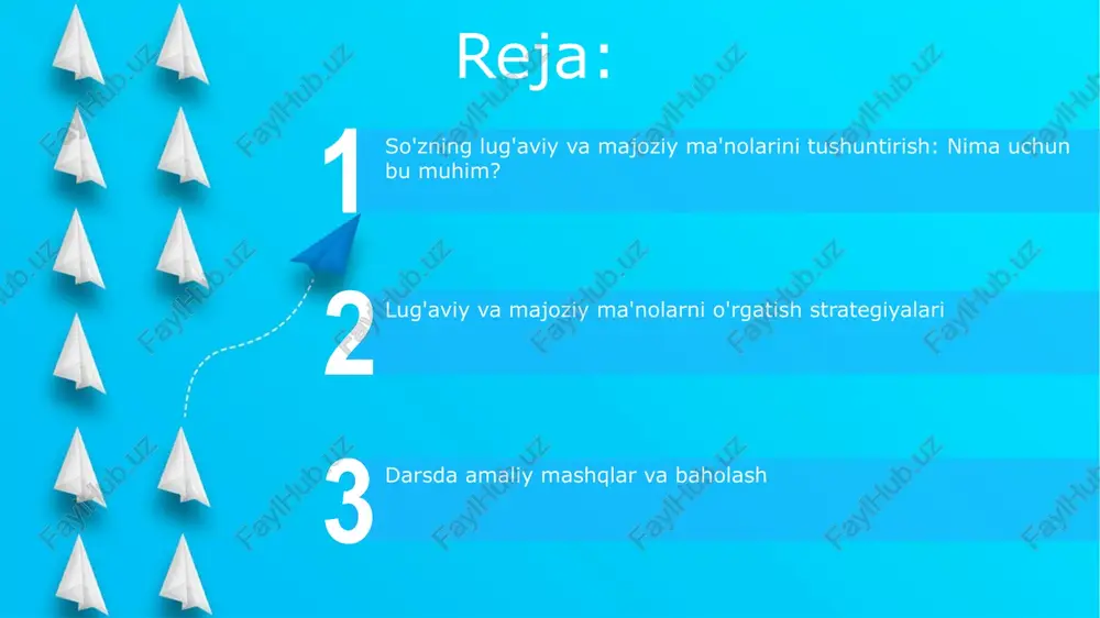 al ma'nosini va 2 xil kontekstdagi majoziy ma'nosini muhokama qilish kerak. dars rejalari va faoliyatlar: amaliy misollar 5w1h usulidan foydalanish hikoyalar yoki she'rlardagi so'zlarning ma'nosini aniqlashga yordam beradi: kim, nima, qachon, qayerda, nima uchun va qanday savollari muhim. “so'z o'yinlari kuni” o'tkazish, bunda o'quvchilar 2-sinfdan boshlab metaforalar, o'xshatishlar, idiomalar va iboralardan foydalanib, ijodiy yozadilar va tushuntiradilar. baholash: o'quvchilarning tushunishini o'lchash start literal ma'nolarni tekshirish uchun oddiy testlar, masalan, ko'p variantli savollar, o'quvchilarga 3-4 ta javobdan to'g'risini tanlashni taklif qiladi. figurativ ma'nolarni o'lchash uchun matnli misollar ishlatiladi: o'quvchilar 5 ta figurativ iborani aniqlab, kontekstda ularning ma'nolarini 2 ta so'z bilan tushuntirishadi. e'tiboringiz uchun rahmat image6.jpg image7.jpg image8.jpg image9.jpg image10.jpg image11.jpg image1.jpeg image2.jpeg image3.jpeg image4.jpeg