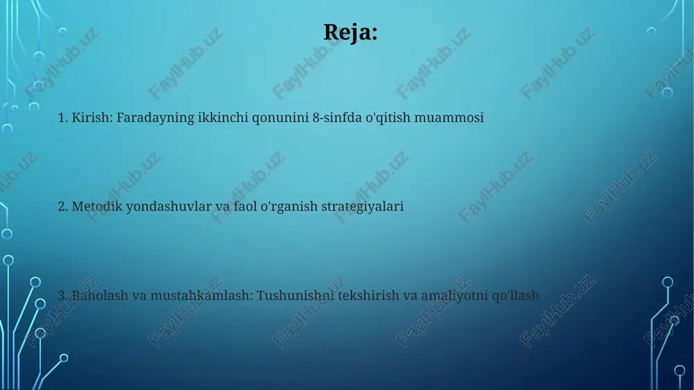 chi qonunini tushuntirish faradayning ikkinchi qonuni elektroliz jarayonida ajralib chiqqan modda massasi eritmadagi ionning ekvivalent massasiga to'g'ri proporsional ekanligini tushuntiradi. bu qonun, 96485 c/mol (faraday doimiysi) zaryad bir mol ekvivalentni ajratib chiqarish uchun zarurligini ko'rsatadi va miqdoriy hisoblashlar uchun asos bo'ladi. matematik ifoda va formulalar matematik ifodalar sonlar, o'zgaruvchilar va amallarni (qo'shish, ayirish, ko'paytirish, bo'lish) o'z ichiga oladi. masalan, 2x + 3y - 5 matematik ifodadir. formulalar esa ikki matematik ifodani tenglik belgisi (=) orqali bog'laydi. misol uchun, a = πr² formula doira yuzini (a) radius (r) orqali ifodalaydi. oddiy misollar bilan tushuntirish oddiy magnit va g'altak yordamida 10 ta o'rashdan iborat g'altakdagi 2 voltli o'zgarish, 20 ta o'rashda esa 4 voltli kuchlanish hosil qiladi, bu o'rash soniga bog'liqligini ko'rsatadi. faraday qonunini tushuntirish uchun oddiy batareya, sim va led ishlatib, magnit oqimining o'zgarishi 0.5 sekundda 5 amper induksiyani keltirib chiqarishi mumkinligini ko'rsating. laboratoriya ishi: mis qoplamasini elektroliz qilish elektroliz jarayonida …