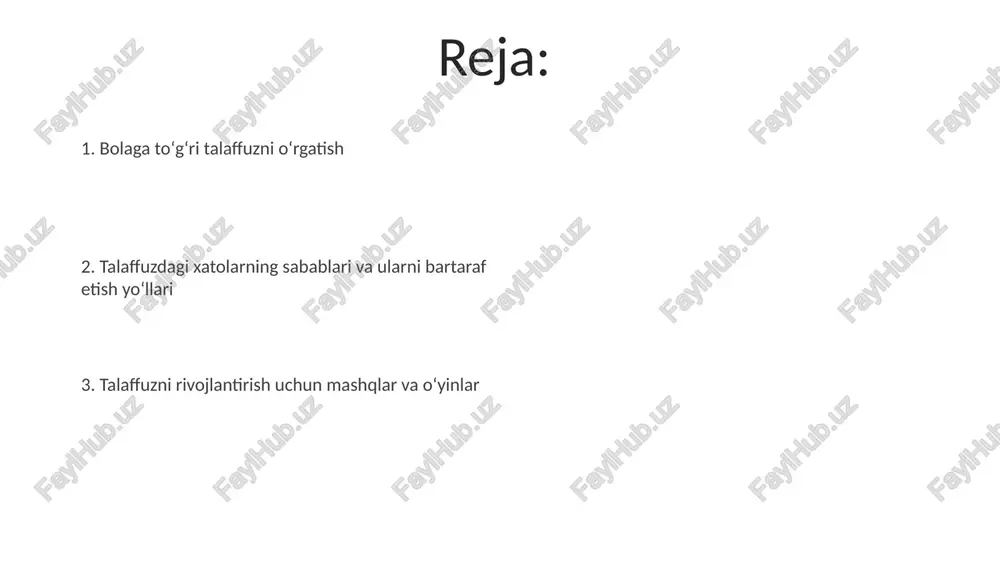 transkripsiya usuli qo'llaniladi, bunda har bir fonema aniqligi baholanadi va 5 ballik shkala bo'yicha umumiy natija chiqariladi. o'qitish usullari va texnikalari talaffuzni o'rgatishda 12 ta artikulyatsion mashqlardan foydalanish mumkin, bu bolaning nutq apparati mushaklarini mustahkamlaydi va to'g'ri tovushlarni chiqarishga yordam beradi. fonetik tahlil usuli orqali so'zlarni bo'g'inlarga ajratish va har bir tovushni aniqlash orqali talaffuzdagi 7 xatolarni tuzatish, bu esa aniq nutqni shakllantiradi. o'yinlar orqali talaffuzni o'rgatish “so'z topish” o'yini 5 dan 7 yoshgacha bo'lgan bolalarga 30 dan ortiq yangi so'zlarni o'rgatishga yordam beradi va ularning har birini to'g'ri talaffuz qilishni mashq qiladi. o'yinlar orqali talaffuzni o'rgatish 70% samaraliroq bo'lishi mumkin, chunki ular qiziqarli va motivatsiya beradi, bu esa 2-3 yoshdagi bolalarning nutq apparatini rivojlantiradi. talaffuzni tuzatish bo'yicha mashqlar "artikulyatsiya gimnastikasi" mashqlari 5-7 yoshli bolalar uchun juda muhim. bu mashqlar til, lab va jag' mushaklarini kuchaytiradi hamda "r", "s", "sh" tovushlarini to'g'ri talaffuz qilishga yordam beradi. noto'g'ri talaffuzni tuzatish uchun …