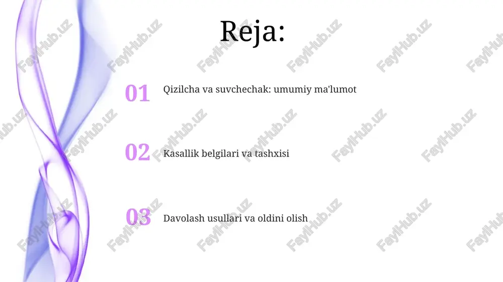 riladi, tezkor antijen testlari yoki bakteriologik kultura usullari qo'llaniladi va natijalar 24-48 soat ichida chiqadi. skarlatina diagnostikasi bemorning klinik belgilari, masalan, tilning qulupnayga o'xshash ko'rinishi va terida mayda toshmalarning mavjudligiga asoslanadi. scarlet isitmasini davolash skarlatinaning asosiy davosi 10 kunlik antibiotiklar kursidir, odatda penitsillin yoki unga allergiyasi bo'lganlar uchun eritromitsin, bu bakteriyalarni yo'q qilish uchun juda muhim. isitmani tushirish va og'riqni kamaytirish uchun asetaminofen yoki ibuprofen kabi dorilar qo'llanilishi mumkin; dozalar bolaning vazniga qarab belgilanadi va shifokor nazorati ostida bo'lishi kerak. scarlet isitmasining oldini olish streptokok infektsiyalarining tarqalishini oldini olish uchun qo'llarni kamida 20 soniya davomida sovun va suv bilan yuvish juda muhim, ayniqsa yo'tal yoki aksirishdan keyin. bemorlar bilan yaqin aloqada bo'lishdan saqlaning va agar sizda tomoq og'rig'i yoki isitma bo'lsa, shifokorga murojaat qiling, chunki erta tashxis 10 kunga antibiotiklar bilan davolashni o'z ichiga oladi. suvchechak: ta'rifi kasallik, asosan, 5-10 yoshdagi bolalarda uchraydi, lekin kattalar ham zararlanishi mumkin, bunda simptomlar …