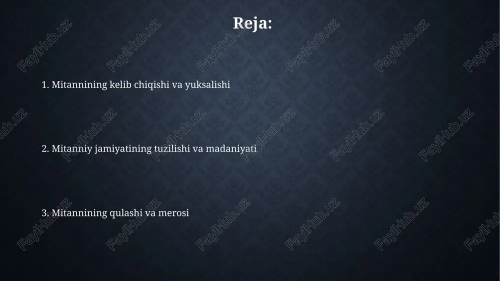 ma muhim ahamiyatga ega edi. mitanniy dinida xudolar panteoni, masalan, indra, varuna va mitra kabi hind-ariy xudolarini o'z ichiga olgan. ularga hurmat ko'rsatish diniy e'tiqodning asosiy qismi edi. mitanni davlatining qulashi va xurriy masalasining yakuni mitannining qulashi hukmron elitalar oʻrtasidagi ichki nizolar va taxminan miloddan avvalgi 13-asrda ossuriya va xett hujumlarining kombinatsiyasi natijasida yuz berdi. mitanni qulashi bilan xurriylar muammosi tugamadi, chunki ularning madaniy taʼsiri keyingi davlatlarga, xususan ossuriya va xett davlatlariga singib ketgan edi. xulosa va meros mitanni davlati 300 yilga yaqin hukmronlik qildi va bronza davrining oxirida yaqin sharqdagi siyosiy landshaftga sezilarli ta'sir ko'rsatdi, shuningdek, keyingi imperiyalarga asos bo'ldi. mitanniliklar otlar va aravachalar urushida mohir edilar. ularning harbiy innovatsiyalari, masalan, 9 ga yaqin aravachalar bilan harakatlanish, mintaqada harbiy taktikaning rivojlanishiga katta hissa qo'shgan. e'tiboringiz uchun rahmat image3.jpg image4.jpg image5.jpg image6.jpg image7.jpg image8.jpg image9.jpg