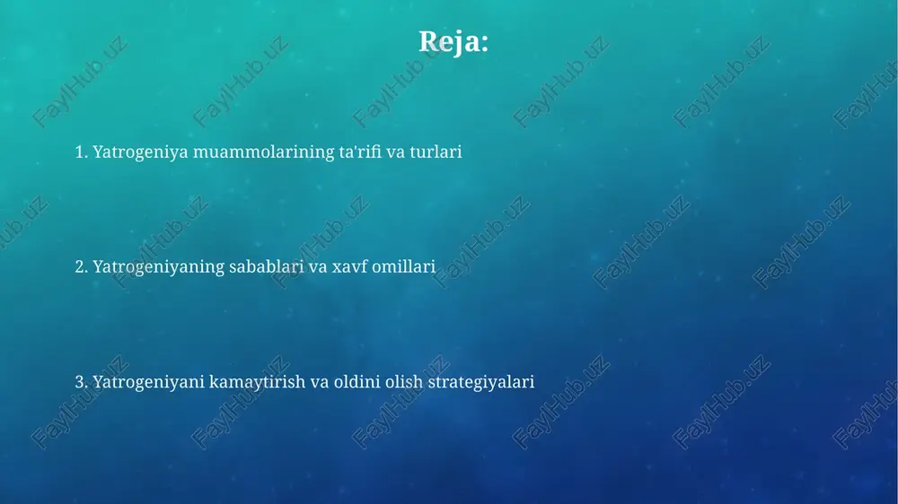 g ruhiy holatiga salbiy ta'sir ko'rsatishi mumkin, masalan, ortiqcha tashvish, depressiya yoki tibbiy muolajalarga nisbatan qo'rquv 25-35% gacha bemorlarda kuzatiladi. dori-darmonlar bilan bog'liq iatrogeniya 10-20% hollarda dori reaktsiyalari, nojo'ya ta'sirlar yoki dori vositalarining o'zaro ta'siri natijasida kelib chiqadi, ba'zan jiddiy asoratlarga olib keladi. iatrogeniyaning oldini olish strategiyalari bemor xavfsizligi madaniyatini yaratish, xatolarni xabar qilish va ulardan saboq olish, jarayonlarni yaxshilash uchun 100% shaffoflikni ta'minlash kerak. klinik qarorlarni qo'llab-quvvatlash tizimlaridan foydalanish, dori vositalari o'zaro ta'sirini tekshirish va test natijalarini interpretatsiya qilishda yordam beradi hamda iatrogeniyaning 85% oldini oladi. iatrogeniya holatlarini hal qilish iatrogeniya holatlarini hal qilishda, bemorlar shikoyatlarini tezkorlik bilan ko'rib chiqish va 72 soat ichida xolis tergov o'tkazish muhim, bu adolatni ta'minlaydi. tibbiy xatolarni oldini olish uchun 5s tamoyillari (saralash, tartibga solish, tozalash, standartlashtirish, takomillashtirish) amaliyotga kiritilishi kerak, bu xavfsizlikni oshiradi. iatrogeniya bo'yicha ommaviy axborot vositalarining roli ommaviy axborot vositalari iatrogeniya holatlari haqida xabar berish orqali 10-20% gacha muammolarni oshkor …