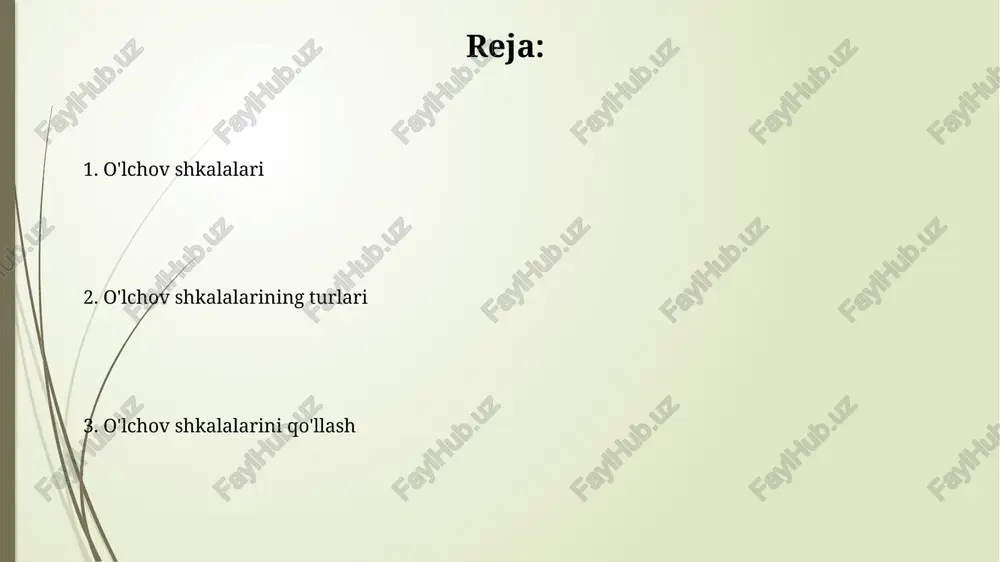 masalan, jins (1-erkak, 2-ayol) yoki millat (1-o'zbek, 2-rus) kabi, bu yerda raqamlar hech qanday tartibni anglatmaydi. ordinal shkala ordinal shkala ob'ektlarni ma'lum bir xususiyat bo'yicha tartiblaydi, lekin 1-o'rin va 2-o'rin o'rtasidagi farq 3-o'rin va 4-o'rin o'rtasidagi farq bilan bir xil bo'lishi shart emas. reyting shkalasi misolida, mijozlarga mahsulotni 1 dan 5 gacha baholash so'ralganda, 4 baho 2 bahodan ikki barobar yaxshiroq ekanligini anglatmaydi, faqat u yaxshiroq degan ma'noni beradi. interval shkala interval shkalasida nol nuqtasi mutlaq emas, balki ixtiyoriy belgilangan, masalan, selsiy shkalasida 0°c harorat mavjud emasligini anglatmaydi, lekin muzlash nuqtasini ifodalaydi. interval shkalasida qiymatlar o'rtasidagi farqlar ma'noga ega, ya'ni 20°c va 30°c o'rtasidagi farq 60°c va 70°c o'rtasidagi farq bilan bir xil, lekin nisbatlar ahamiyatsiz. nisbat shkala nisbat shkalasi nol nuqtaga ega bo'lib, 10 birlik farq 20 dan 30 gacha bo'lgan farq bilan bir xil bo'ladi, bu shkala ma'lumotlari ustida ko'paytirish va bo'lish amallarini bajarish imkonini beradi. mutlaq nol …