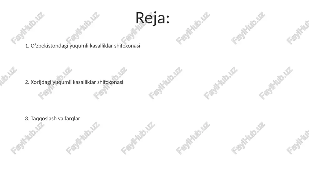 rning ulushi 70% ni tashkil etadi, bu esa raqobatni oshiradi. mahalliy farmatsevtika korxonalari tomonidan ishlab chiqarilgan dori vositalari assortimenti cheklangan bo'lib, import qilinadigan dori-darmonlar umumiy hajmning 60% dan ortig'ini tashkil qiladi. infratuzilma va sharoitlar o'zbekistonda ko'pgina yuqumli kasalliklar shifoxonalari eski binolarda joylashgan bo'lib, zamonaviy talablarga javob bermaydi, xususan, 60-80 yillarda qurilgan inshootlar mavjud. chet eldagi shifoxonalarda bemorlar uchun qulay sharoitlar, jumladan, individual palatalar, zamonaviy funksional karavotlar va markaziy kislorod ta'minoti kabi 95% texnologiyalar bilan ta'minlangan. tibbiy xodimlar malakasi va tayyorgarligi o'zbekistonda tibbiy xodimlar malakasini oshirish kurslari har 5 yilda bir marta o'tkaziladi, xorijda esa doimiy ravishda 1-2 yilda yangi texnologiyalarni o'zlashtirish bo'yicha treninglar bo'lib turadi. o'zbekistonda infeksiya kasalliklari shifokorlari 5 yillik tibbiyot institutidan so'ng 2 yillik ixtisoslashuvni o'taydi, lekin chet elda bu ko'pincha 3-6 yil rezidenturani talab etadi. infektsiya nazorati choralari infektsiya nazorati choralari bemorlarni izolyatsiya qilish, xodimlarning shaxsiy himoya vositalaridan (ppe) foydalanishi va gigiena qoidalariga rioya qilishni o'z ichiga …
