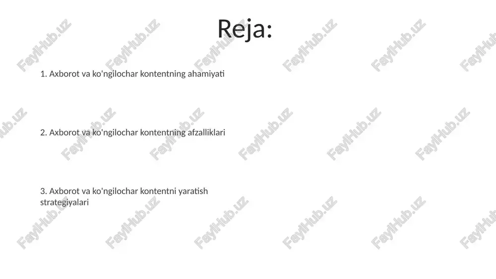 ar kontent muhim? ko'ngilochar kontent stressni kamaytiradi, 73% tomoshabinlar uchun dam olish imkoniyatini beradi va 27% hollarda kayfiyatni yaxshilaydi, shu bilan umumiy farovonlikka hissa qo'shadi. ma'lumot beruvchi ko'ngilochar kontent, masalan, 65% ta'lim videolar yoki podkastlar, murakkab mavzularni soddalashtiradi, 35% auditoriyaga tushunarli va qiziqarli usulda yetkazadi. ma'lumot beruvchi va ko'ngilochar kontentning uyg'unligi ma'lumot va ko'ngilochar elementlarning 70/30 nisbati auditoriyaning diqqatini ushlab turadi, bu erda 70% ma'lumot va 30% ko'ngilochar qismdir. uyg'unlashgan kontent ta'lim berish, xabardor qilish va zavqlantirish orqali o'rganish samaradorligini 40% ga oshirishi mumkin. auditoriyangizni tushunish auditoriyangizning qiziqishlari, xatti-harakatlari va motivatsiyalarini aniqlash, kontentni moslashtirishga yordam beradi; 60% auditoriya shaxsiy ehtiyojlarini qondiradigan kontentni qidiradi. auditoriyangiz demografiyasini (yosh, jins, joylashuv) bilish kontentning moslashuvini ta’minlaydi; 75% auditoriya demografikani hisobga olgan kontentga javob beradi. kontent yaratish strategiyalari kontent strategiyasi auditoriyani segmentlashni o'z ichiga oladi: masalan, 25-34 yoshdagi demografik guruh uchun video-kontent, 35-44 yoshdagi guruh uchun esa blog postlari. kalit so'zlarni tadqiq qilish seo strategiyasining …