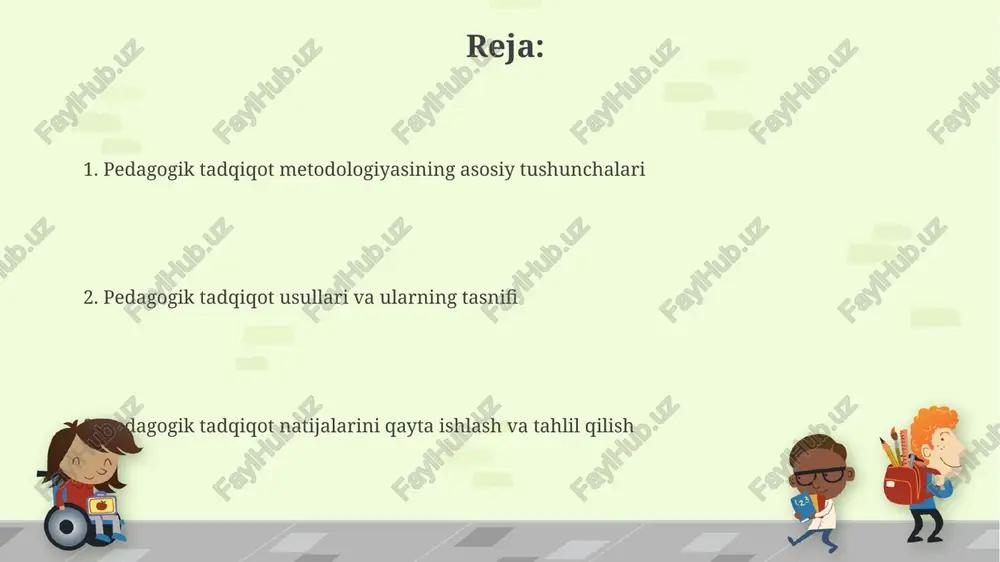 rtacha ko‘rsatkichlarning farqini aniqlashda muhim rol o‘ynaydi. korrelyatsiya tahlili pedagogik tadqiqotlarda ikki o‘zgaruvchi o‘rtasidagi bog‘liqlik darajasini aniqlashga yordam beradi, masalan, dars davomatining o‘zlashtirishga ta’siri. sifatli tadqiqot usullari sifatli tadqiqotlar kontekstni tushunishga qaratilgan; misol uchun, etnografiya o'quvchilarning 40 yillik madaniyatini o'rganadi va chuqur ma'lumot olish uchun 25 ta intervyu o'tkazadi. grounded theory (asoslangan nazariya) 30 ta o'qituvchi intervyusidan olingan ma'lumotlar asosida yangi pedagogik modelni ishlab chiqadi, mavjud nazariyalarni sinash o'rniga ularni yaratishga intiladi. tadqiqot natijalarini interpretatsiya qilish va xulosalar tadqiqot natijalarini talqin qilish, p-qiymatini baholashni o'z ichiga oladi; p < 0.05 ahamiyatlilik darajasida gipotezani rad etishga imkon beradi va amaliy ahamiyatlilik muhimdir. xulosalar tadqiqot natijalaridan kelib chiqishi kerak, mavjud nazariyalar va empirik dalillar bilan bog'liq bo'lishi kerak; 95% ishonch oralig'ida xulosa chiqarish lozim. e'tiboringiz uchun rahmat image6.png image7.jpg image8.jpg image9.jpg image10.jpg image11.jpg image12.jpg image13.jpg image5.png