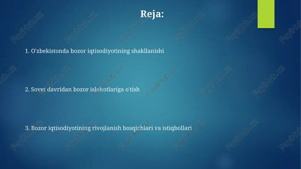 rikroq korxonalar aksiyadorlik jamiyatlariga aylantirildi. aksiyalarning bir qismi chet el investorlariga sotildi, biroq davlat nazorati saqlanib qoldi. iqtisodiyotni liberallashtirish: valyuta siyosati va tashqi savdo 1996-yilda so‘mning konvertatsiyasi bo‘yicha qilingan urinishlar muvaffaqiyatsizlikka uchradi. chunki inflyatsiya 60% dan oshib ketganligi sababli siyosat bekor qilindi. 2003-yilda valyuta ayirboshlash bozorini liberallashtirish siyosati valyuta kursini pasaytirdi va eksport hajmini oshirishga qaratilgan edi. o'zbekistonning bozor iqtisodiyotidagi hozirgi holati va istiqbollari o'zbekistonning bozor islohotlari 2017-yildan so'ng jadallashdi, bunda valyuta konvertatsiyasi erkinlashtirildi va xususiy sektorga 50 milliard aqsh dollaridan ortiq investitsiya jalb etildi. 2024-yilga kelib, o'zbekistonning yaim o'sishi 5,5%ni tashkil etishi kutilmoqda. bu o'sishga sanoatni diversifikatsiya qilish va xizmatlar sohasini rivojlantirish orqali erishiladi. muammolar va yechimlar: o'zbekiston bozor iqtisodiyotini rivojlantirish strategiyalari 2017-2021-yillarda iqtisodiy rivojlanishning ustuvor yo'nalishlari belgilandi, bu orqali valyuta siyosatini liberallashtirish va xususiy mulk huquqlarini mustahkamlashga e'tibor qaratildi. korrupsiyaga qarshi kurashish va davlat boshqaruvini isloh qilish orqali biznes muhitini yaxshilash maqsadida “raqamli iqtisodiyot”ni rivojlantirish strategiyasi amalga oshirilmoqda. …