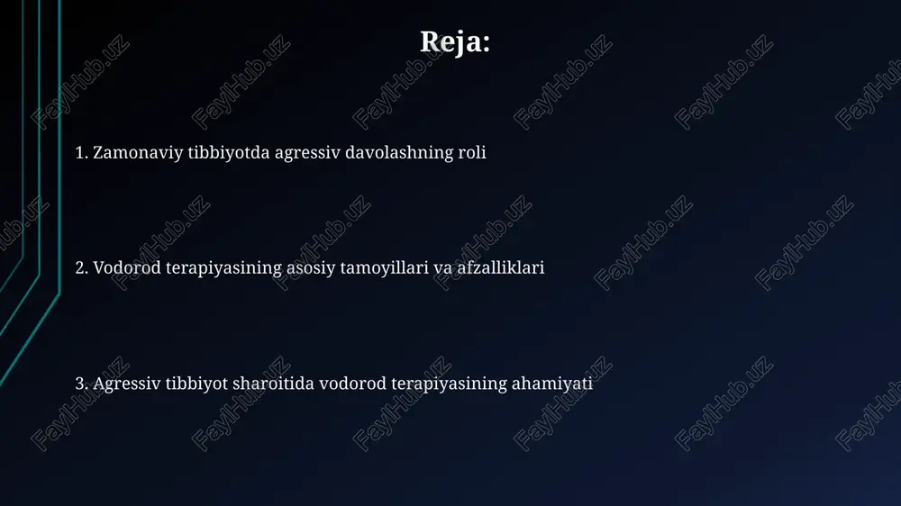 terapiyasining roli vodorod terapiyasi agressiv tibbiyotda oksidlanish stressini kamaytirishda yordam beradi, bu esa jarrohlik va intensiv terapiyada muhim ahamiyatga ega. bu hujayralarni zararlanishdan himoya qiladi. molekulyar vodorod (h2) selektiv antioksidant sifatida ishlaydi, faqat zararli erkin radikallarni (masalan, •oh, onoo-) neytrallaydi, foydali radikallarni saqlab qoladi. klinik tadqiqotlar va dalillar klinik tadqiqotlar 100dan ortiq randomizatsiyalangan nazorat sinovlarini o'z ichiga oladi, ular vodorodning turli xil kasalliklar uchun samaradorligini o'rganadi va ijobiy natijalarni ko'rsatadi. meta-tahlillar shuni ko'rsatdiki, molekulyar vodorod terapiyasi oksidlovchi stressni kamaytiradi, bu esa yallig'lanishga qarshi xususiyatlarga ega, bu ayniqsa agressiv davolanish paytida muhimdir. xulosa: vodorod terapiyasining istiqbollari vodorod molekulasi (h2) kichik o'lchami tufayli hujayra membranalariga osongina kirib boradi va bu antioksidant ta'sirni tezda amalga oshirish imkonini beradi. kelajakda dozalashni optimallashtirish muhim. klinik tadqiqotlar vodorod terapiyasining oksidlovchi stressni kamaytirish va yallig'lanishni susaytirish orqali turli kasalliklarni davolashdagi potentsialini ko'rsatmoqda, ammo uzoq muddatli ta'sirlari o'rganilishi kerak. e'tiboringiz uchun rahmat image2.jpg image3.jpg image4.jpg image5.jpg image6.jpg image7.jpg …