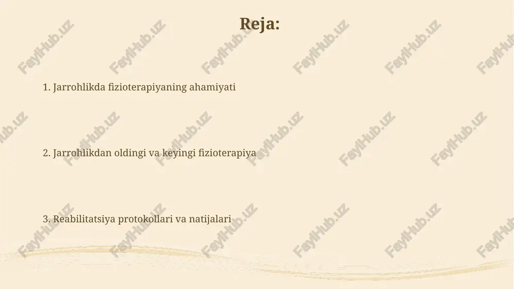 haklardagi taranglikni kamaytiradi va qon aylanishini yaxshilaydi. nafas olish mashqlari va o'pka reabilitatsiyasi nafas olish mashqlari postoperativ asoratlarni, masalan, pnevmoniya riskini 50% ga kamaytirishi mumkin; bu alveolyar ventilyatsiyani yaxshilash orqali amalga oshiriladi. o'pka reabilitatsiyasi nafas qisishi bilan og'rigan bemorlarda 6 daqiqali yurish testida 20% ga yaxshilanish ko'rsatishi mumkin, bu esa funksional qobiliyatni oshiradi. yurak-qon tomir fizioterapiyasi yurak-qon tomir fizioterapiyasi qon aylanishini yaxshilashga qaratilgan bo'lib, 60-80% bemorlarda operatsiyadan keyingi asoratlarni kamaytirishga yordam beradi. erta mobilizatsiya va nafas olish mashqlari, masalan, 10 ta chuqur nafas olish, o'pka hajmini oshiradi va pnevmoniya xavfini kamaytiradi, bu esa tiklanishni tezlashtiradi. ortopedik jarrohlikda fizioterapiya ortopedik jarrohlikdan so'ng fizioterapiya tiklanishning muhim qismidir, harakat diapazonini tiklash va mushak kuchini oshirishga qaratilgan mashqlarni o'z ichiga oladi. fizioterapevtlar, masalan, tizza almashtirishdan keyin og'riqni kamaytirish va funktsional harakatni yaxshilash uchun qo'lda terapiya usullarini, shuningdek, tens kabi modalitlarni qo'llashadi. nevrologik jarrohlikda fizioterapiya nevrologik jarrohlikdan so'ng fizioterapiya erta boshlanishi mumkin, masalan, 24-48 soat …