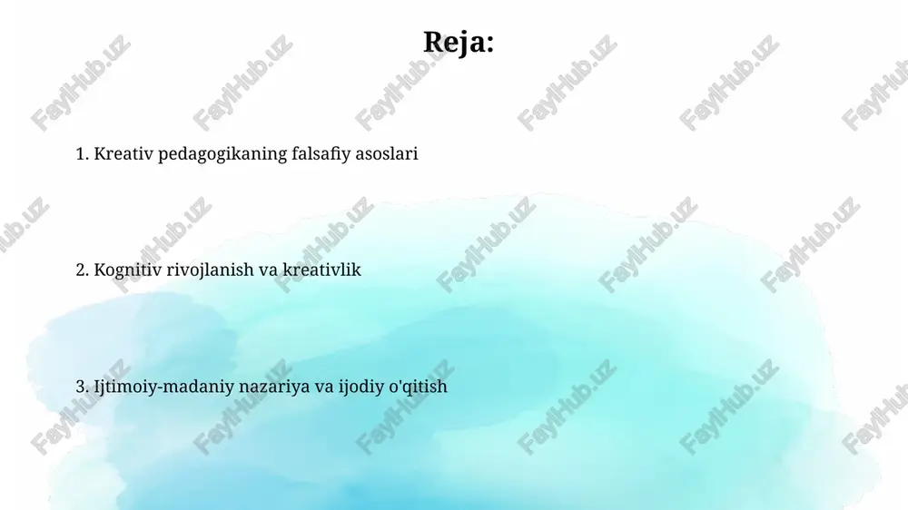 ilarni o'zaro bog'langan ma'lumotlar manbalaridan foydalanishga undaydi, bu esa innovatsion g'oyalarni yaratishda muhim rol o'ynaydi. ushbu nazariya 3 asosga ega. kognitiv nazariya va ijodiy muammolarni yechish kognitiv nazariya ijodiy muammolarni yechishda bilimlarni qayta ishlash, xotira va diqqat kabi 3 asosiy kognitiv jarayonlarga e'tibor qaratadi. ijodiy muammolarni yechishda 4 bosqichli wallas modeli (tayyorgarlik, inkubatsiya, yoritish, baholash) kognitiv jarayonlarning muhim rolini ko'rsatadi. tanqidiy pedagogika va ijodkorlikni rivojlantirish tanqidiy pedagogika o'quvchilarni mavzularni 100% mustaqil tahlil qilishga, o'z fikrlarini erkin ifodalashga va 360 daraja baholashga undaydi. ijodkorlikni rivojlantirishda pedagogika o'quvchilarning 5 ta sezgi organini faollashtirib, yangi g'oyalar yaratishga yordam beradi va 7 ta intellektni rivojlantiradi. pedagogikada dizayn fikrlash "pedagogik dizayn fikrlash" o'quvchilarni muammolarni aniqlashga, 5 bosqichda (empatiya, aniqlash, g'oya, prototiplash, test) yechishga undaydi, innovatsion darslar yaratish uchun iterativ jarayondir. dizayn fikrlash o'qituvchilarga talabalar ehtiyojlarini tushunishga yordam beradi, ularga moslashuvchan o'quv rejalari, individual yondashuvlar, ijodiy topshiriqlar va 360 daraja fikr-mulohazalar yaratishga turtki beradi. ijodiy pedagogikada …