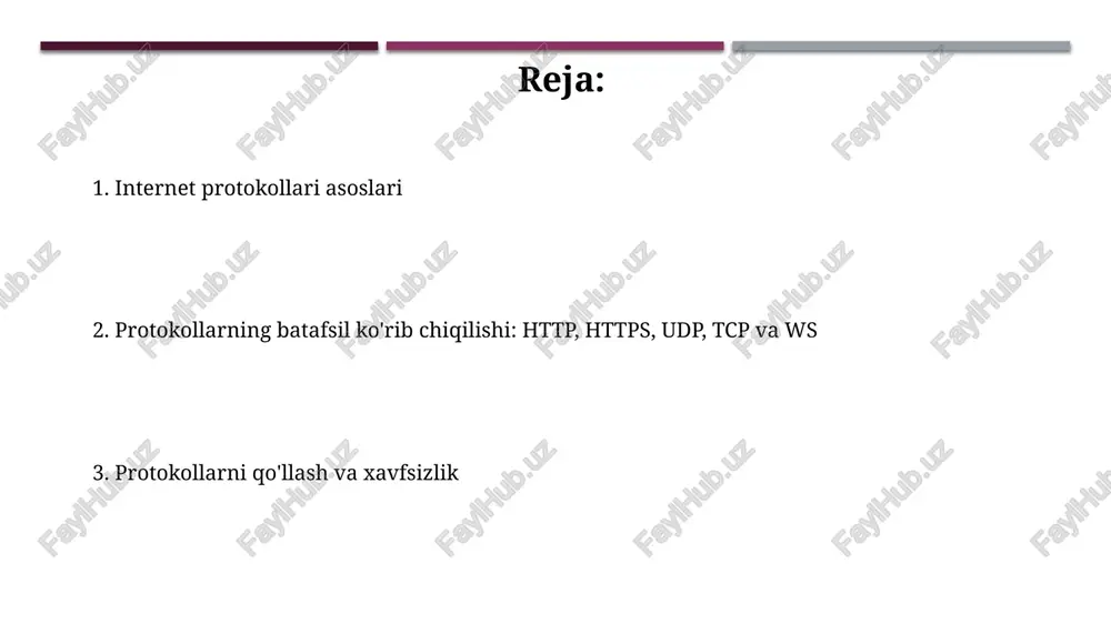 qilmani nazorat qilish mexanizmlarini, masalan, sekin start, tiqilishdan saqlanish, tezkor qayta tiklash va tezkor uzatishni oʻz ichiga oladi, ular tarmoq tiqilishi yuz berganda uzatish tezligini moslashtiradi. websocket (ws) protokoli websocket protokoli tcp orqali 80 va 443 portlarida ishlaydi, bu xavfsizlik devorlari orqali o'tishni osonlashtiradi. uzoq muddatli, ikki tomonlama aloqani ta'minlab, real vaqtda ma'lumot almashish imkonini beradi. websocket protokoli http yangilanish so'rovi orqali boshlanadi, bunda server va mijoz http'dan ws'ga o'tishga rozi bo'lishadi. so'ngra, tcp ulanishi orqali to'liq dupleksli kanal ochiladi. xulosa va taqqoslash http va https veb-brauzerlar bilan serverlar o'rtasida ma'lumot uzatish uchun ishlatiladi, https 443-port orqali tls/ssl shifrlashni ta'minlaydi, http esa 80-port orqali shifrlanmagan ma'lumotlarni uzatadi. tcp ma'lumotlarning ishonchli uzatilishini ta'minlaydi, ulanish o'rnatadi, xato tekshiradi va ma'lumotlarni ketma-ketlikda yetkazib beradi, udp esa tezroq lekin ishonchsiz, xato tekshiruvisiz va ketma-ketlikni kafolatlamaydi. e'tiboringiz uchun rahmat image2.jpg image3.jpg image4.jpg image5.jpg image6.jpg image7.jpg image8.jpg