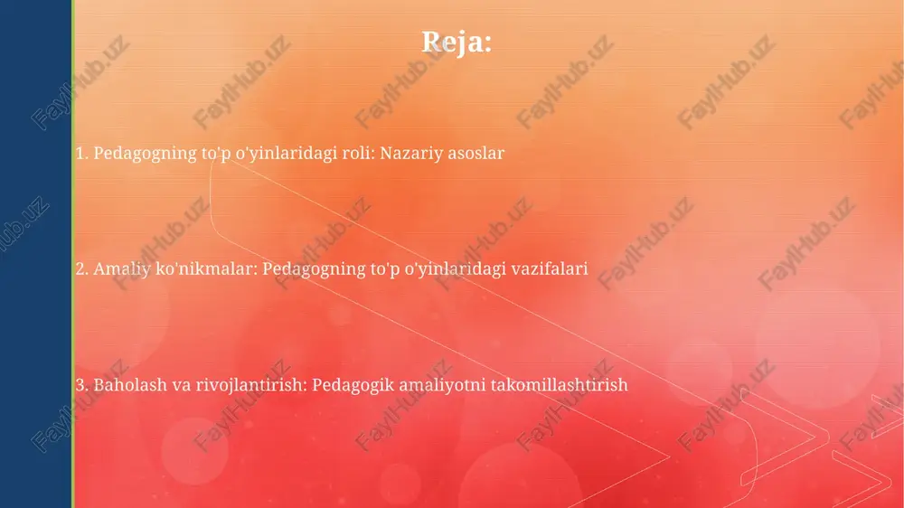 gol urish kabi asosiy harakatlarni ko'rsating, noto'g'ri harakatlar bilan birga. xavfsizlikni ta'minlash o'qituvchi bolalarning jismoniy imkoniyatlarini baholashi, har bir o'yinchi uchun moslashtirilgan intensivlik darajasini ta'minlashi va shikastlanish xavfini kamaytirish uchun 5 daqiqalik isinish mashqlarini o'tkazishi kerak. o'qituvchi o'yin maydonchasining xavfsizligini tekshirishi, begona narsalarni olib tashlashi, yumshoq qo'nish yuzasini ta'minlashi va o'yinchilar uchun xavfsizlik qoidalarini, shu jumladan 1 metrlik shaxsiy maydon qoidasini tushuntirishi muhimdir. o'quvchilarni motivatsiya qilish va rag'batlantirish o'quvchilarning harakatlarini 1 dan 5 gacha bo'lgan shkala bo'yicha baholash orqali, individual yutuqlarni e'tirof etib, o'ziga ishonchni oshirish mumkin. har bir o'quvchiga moslashuvchan maqsadlar qo'yish, qiyinchilik darajasini asta-sekin oshirish va muvaffaqiyatni nishonlash orqali ishtiyoqni saqlash muhim. guruh dinamikasini boshqarish guruh dinamikasini boshqarishda, 1-bosqich - ishonch muhitini yaratish, bu yerda har bir a'zo o'z fikrini erkin bayon eta olishi va 2-bosqichda muammolarni hal etishga qaratiladi. pedagog 3-bosqichda faol tinglovchi rolini o'ynaydi, guruh a'zolarining 4- bosqichdagi fikrlarini tushunadi va ularning 5-bosqichdagi g'oyalarini baholaydi, murosaga …