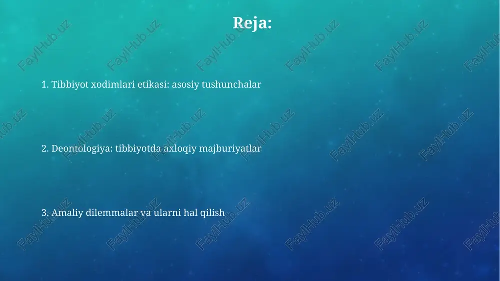 da 4 ta asosiy tamoyil e'tiborga olinadi: avtonomiya (bemor tanlovi), adolat (teng munosabat), xayrixohlik (yaxshilik qilish) va zarar yetkazmaslik (zarardan saqlanish). tibbiyotda adolat va tenglik tibbiyotda adolat, resurslarni taqsimlashda shaffoflikni talab etadi, masalan, dializ apparatlari 1:1000 nisbatda muhtojlarga adolatli ajratilishi kerak. tenglik, bemorlarga irqi, dini yoki ijtimoiy-iqtisodiy holatidan qat'iy nazar, standart davolanishni ta'minlashni anglatadi, qonun bilan kafolatlangan huquq. professional javobgarlik va xatti-harakatlar kodeksi professional javobgarlik kodeksi shifokorlarga bemorlarning maxfiyligini saqlashni buyuradi, 223-modda bo'yicha ma'lumotlarni oshkor qilish qonun bilan taqiqlanadi va jiddiy oqibatlarga olib kelishi mumkin. tibbiyot xodimlari kodeksi, jumladan 4 asosiy tamoyil, bemorlarga nisbatan adolatli munosabatda bo'lish, 36 soat davomida doimiy ravishda yordam berishni talab qiladi. tibbiyot xodimlarining o'zaro munosabatlari tibbiyot xodimlarining o'zaro hurmati professional hamkasblikning asosi bo'lib, xodimlar ish faoliyatida bir-birini qo'llab-quvvatlashi va hurmat qilishi 100% zarur. o'zaro munosabatlarda etika normalariga rioya qilish, xususan, 95% hollarda tortishuvlardan qochish, konstruktiv muloqotga intilish va xodimlarning salomatligini birinchi o'ringa qo'yish muhim. zamonaviy …